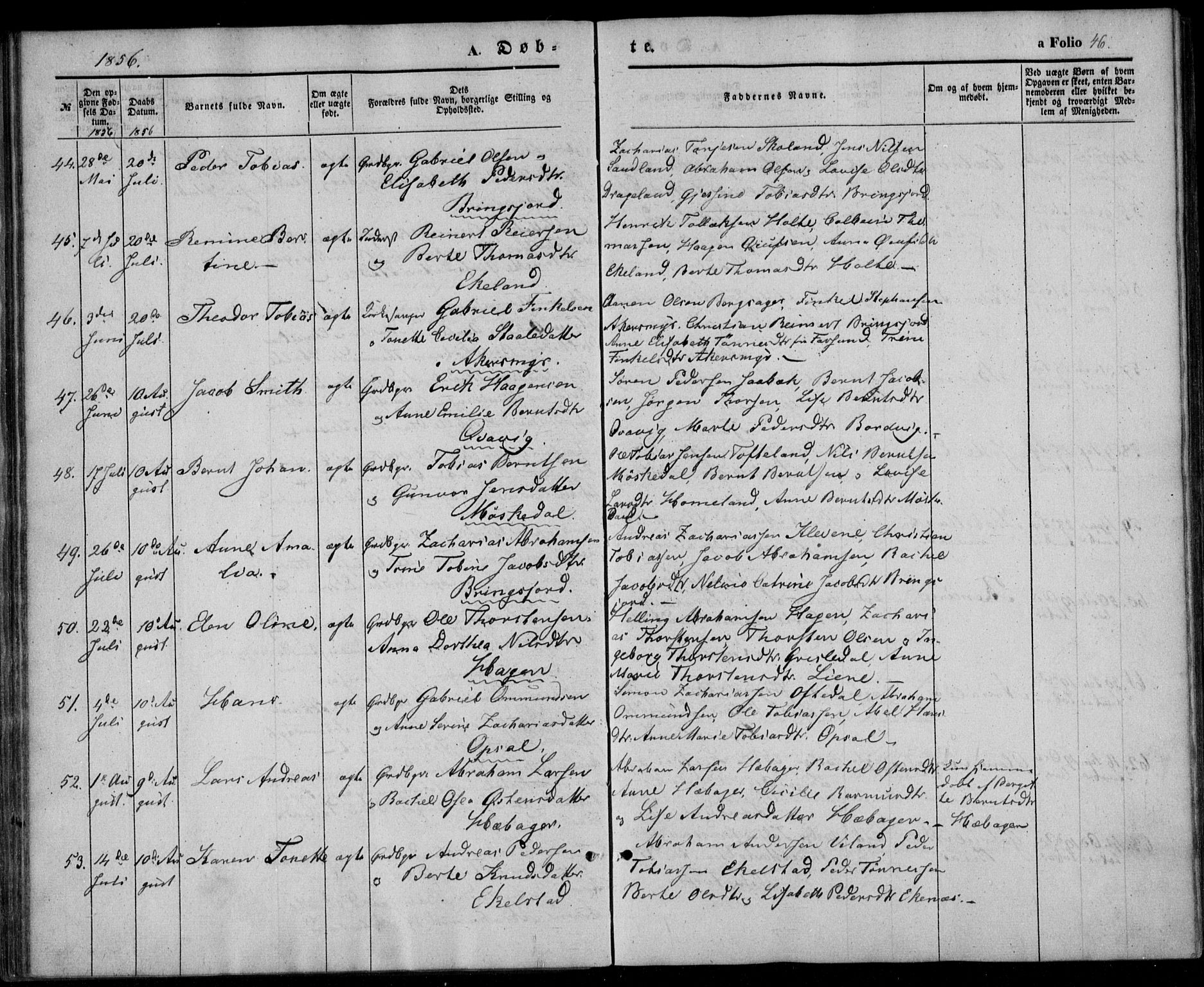 Lyngdal sokneprestkontor, AV/SAK-1111-0029/F/Fa/Fac/L0009: Parish register (official) no. A 9, 1852-1864, p. 46