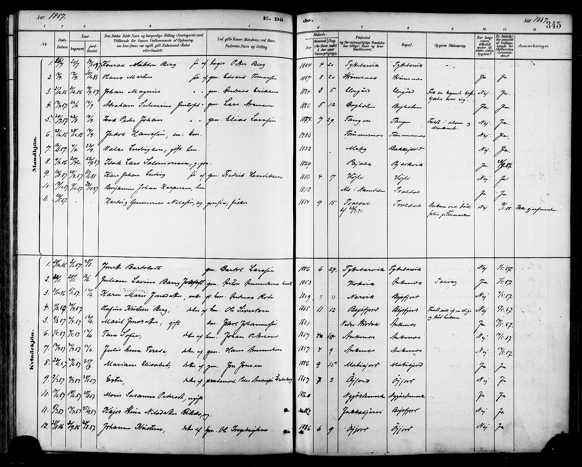 Ministerialprotokoller, klokkerbøker og fødselsregistre - Nordland, AV/SAT-A-1459/866/L0938: Parish register (official) no. 866A01, 1879-1893, p. 345