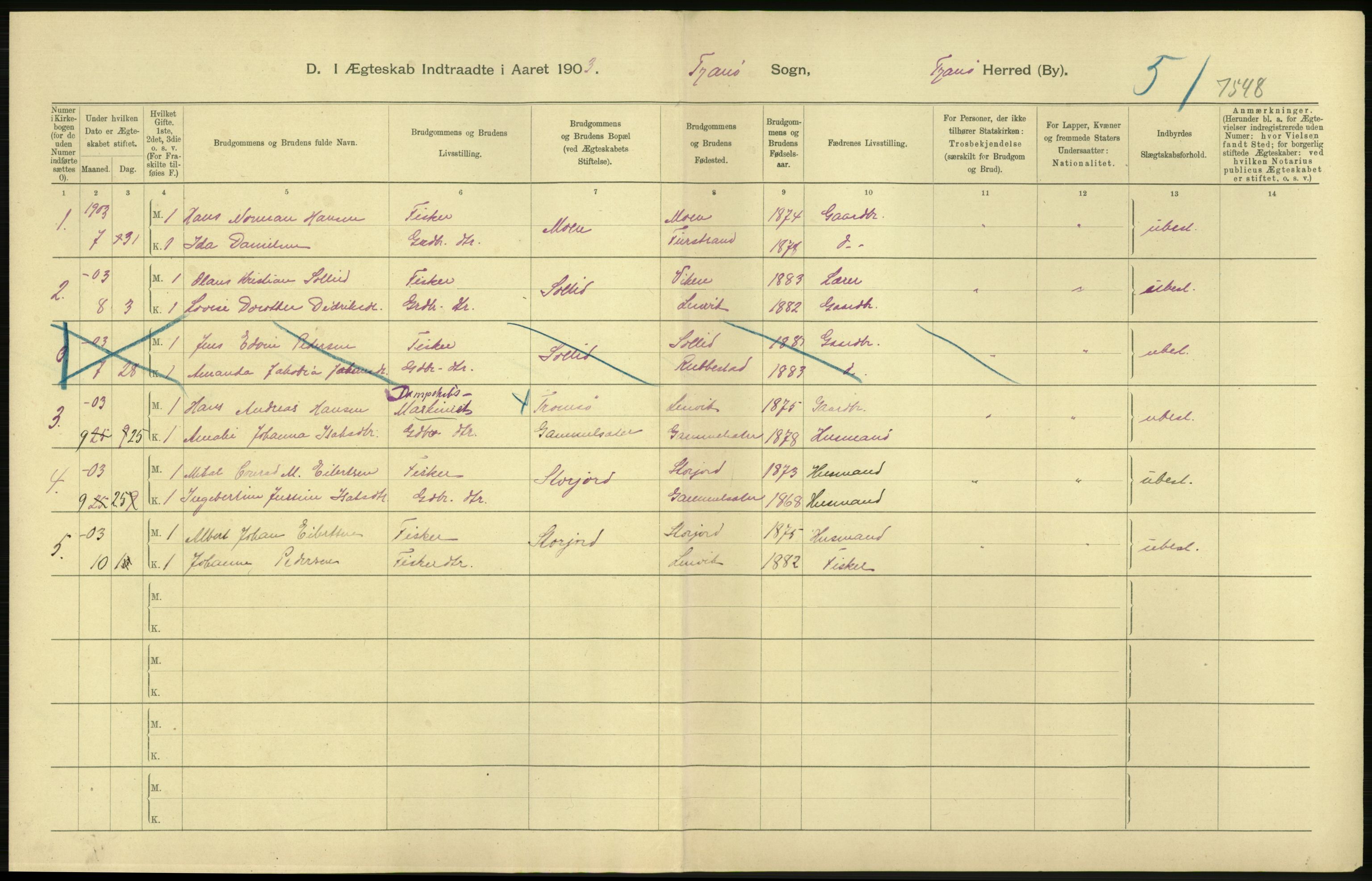 Statistisk sentralbyrå, Sosiodemografiske emner, Befolkning, AV/RA-S-2228/D/Df/Dfa/Dfaa/L0021: Tromsø amt: Fødte, gifte, døde., 1903, p. 336