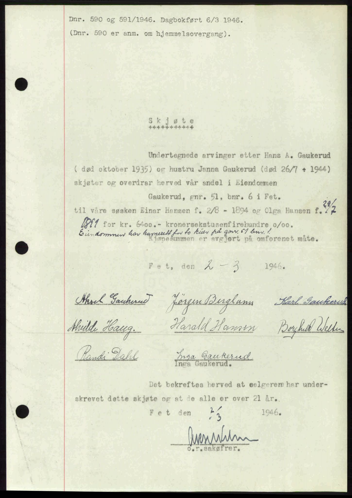 Nedre Romerike sorenskriveri, AV/SAO-A-10469/G/Gb/Gbd/L0015: Mortgage book no. 15, 1945-1946, Diary no: : 590/1946