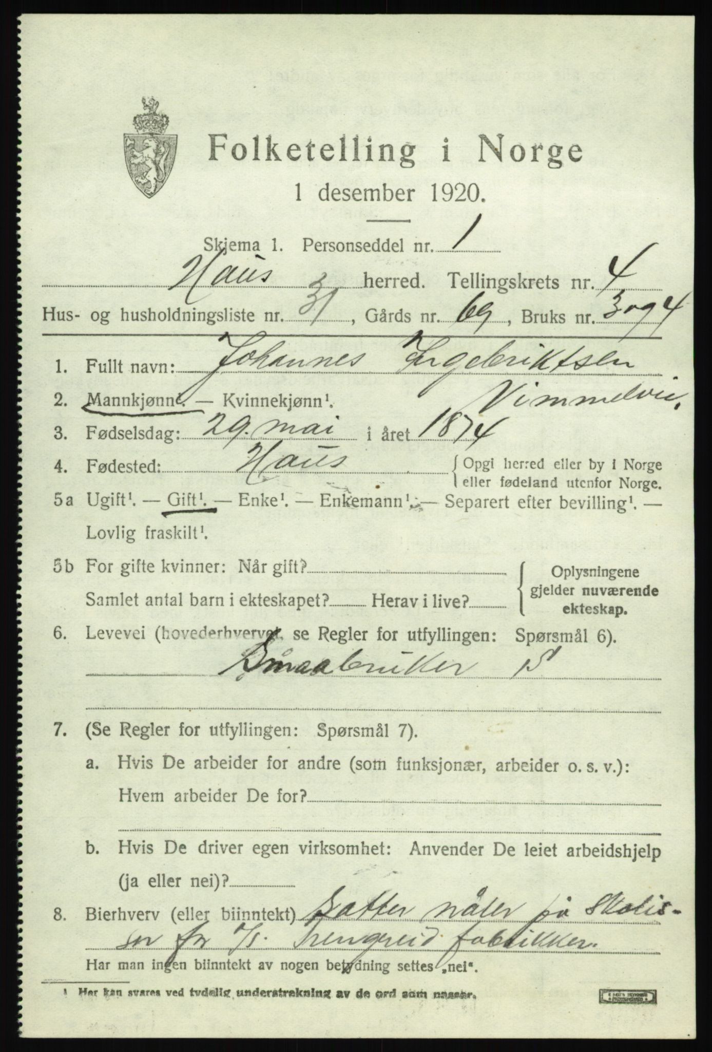 SAB, 1920 census for Haus, 1920, p. 3273