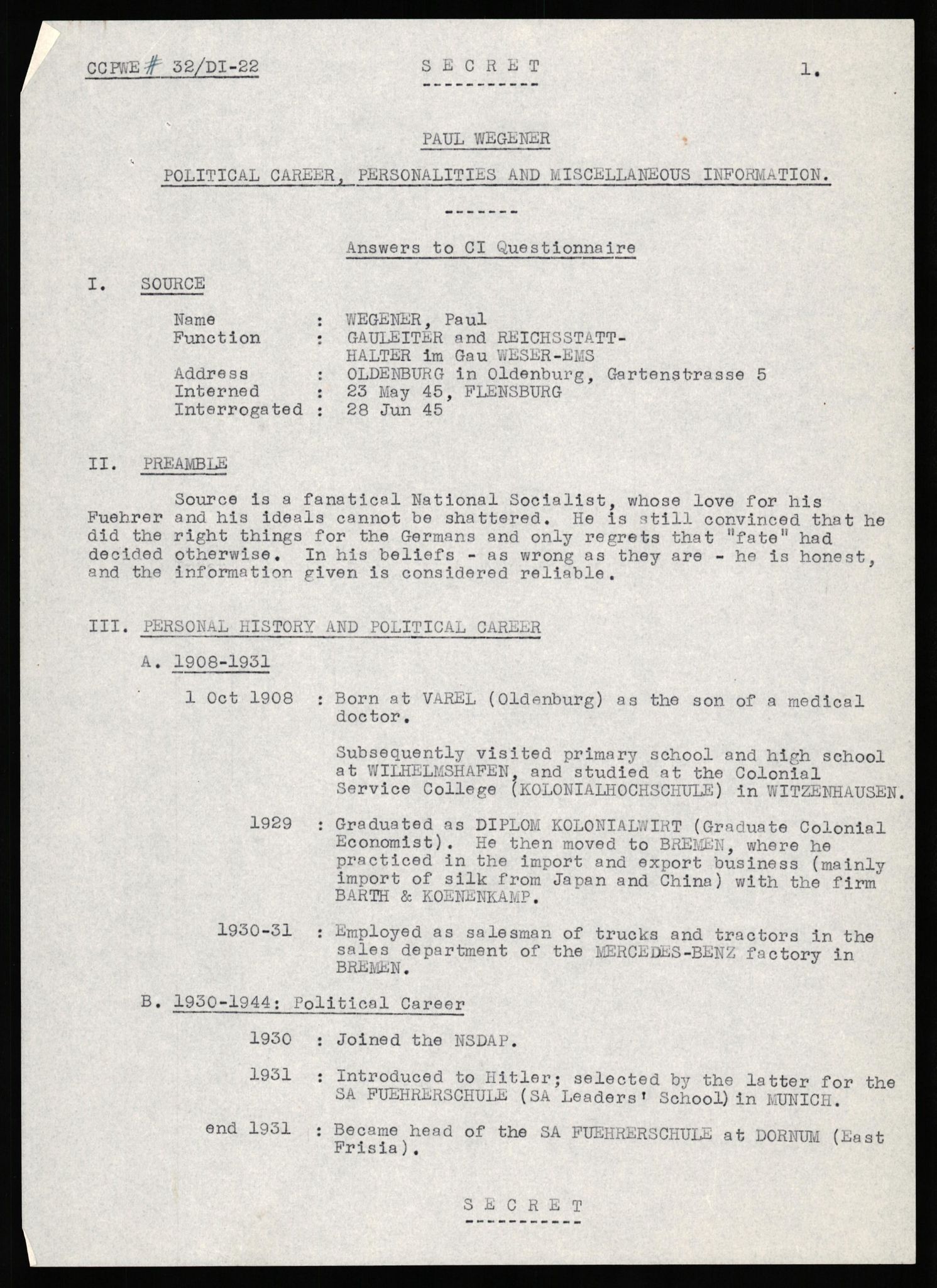 Forsvaret, Forsvarets overkommando II, RA/RAFA-3915/D/Db/L0035: CI Questionaires. Tyske okkupasjonsstyrker i Norge. Tyskere., 1945-1946, p. 71