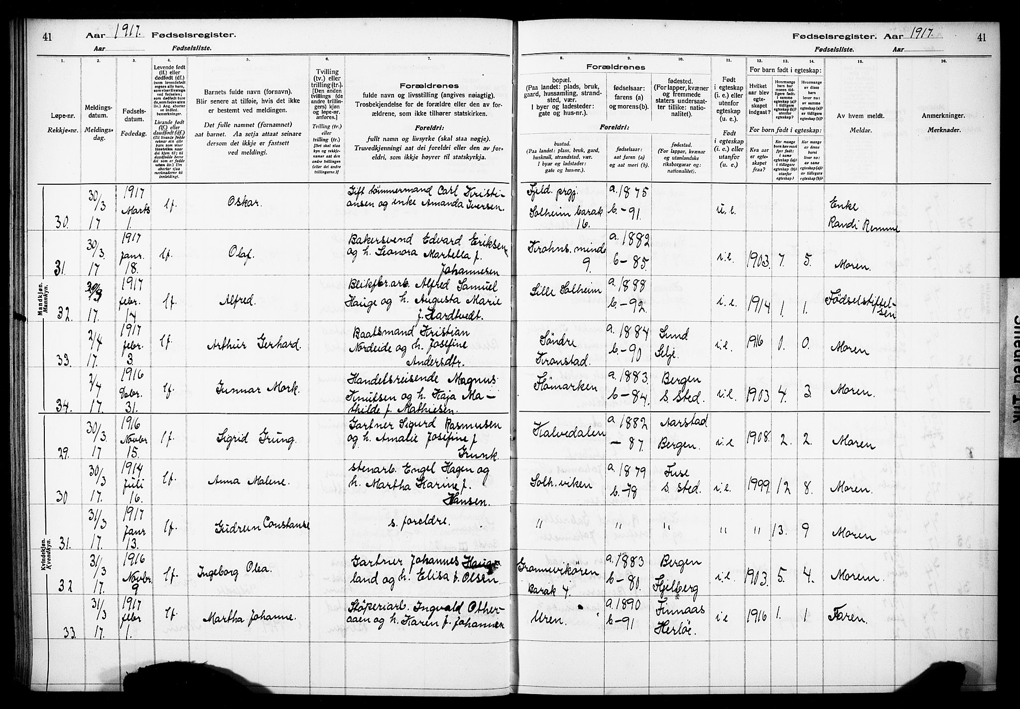 Årstad Sokneprestembete, AV/SAB-A-79301/I/Id/L0A01: Birth register no. A 1, 1916-1920, p. 41