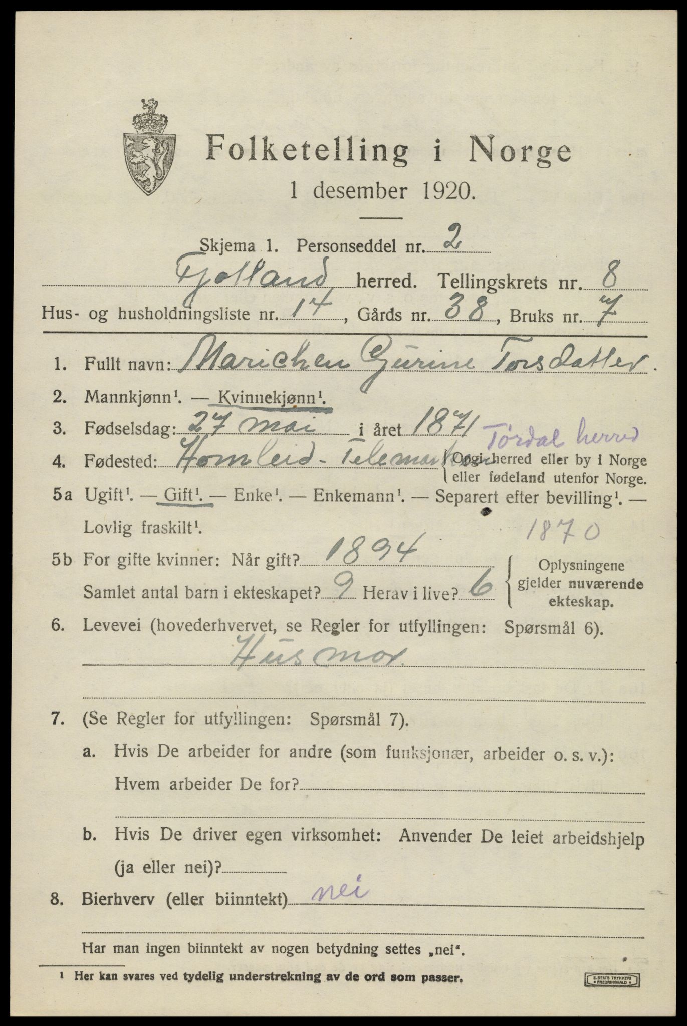 SAK, 1920 census for Fjotland, 1920, p. 2144