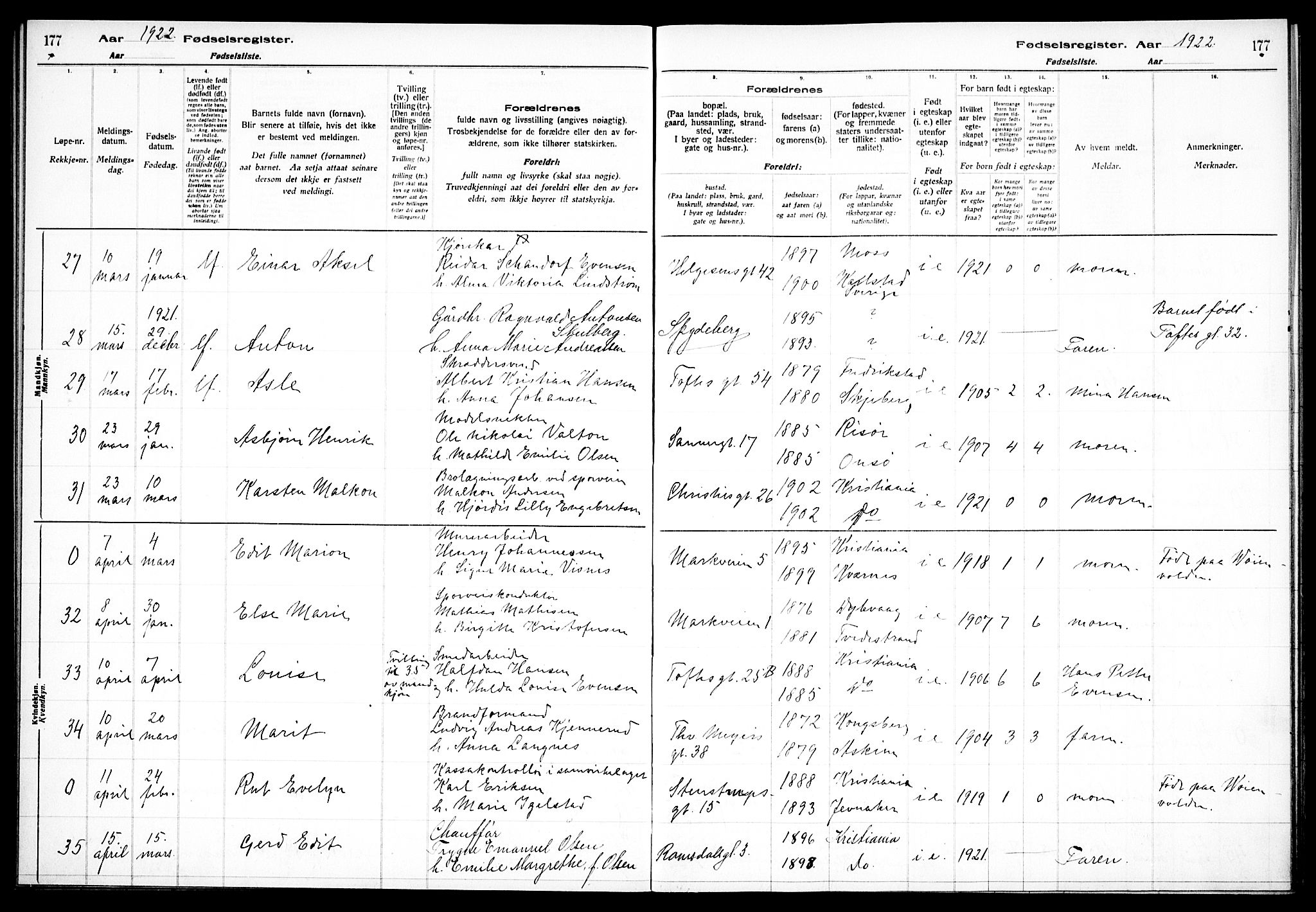 Paulus prestekontor Kirkebøker, AV/SAO-A-10871/J/Ja/L0001: Birth register no. 1, 1916-1923, p. 177