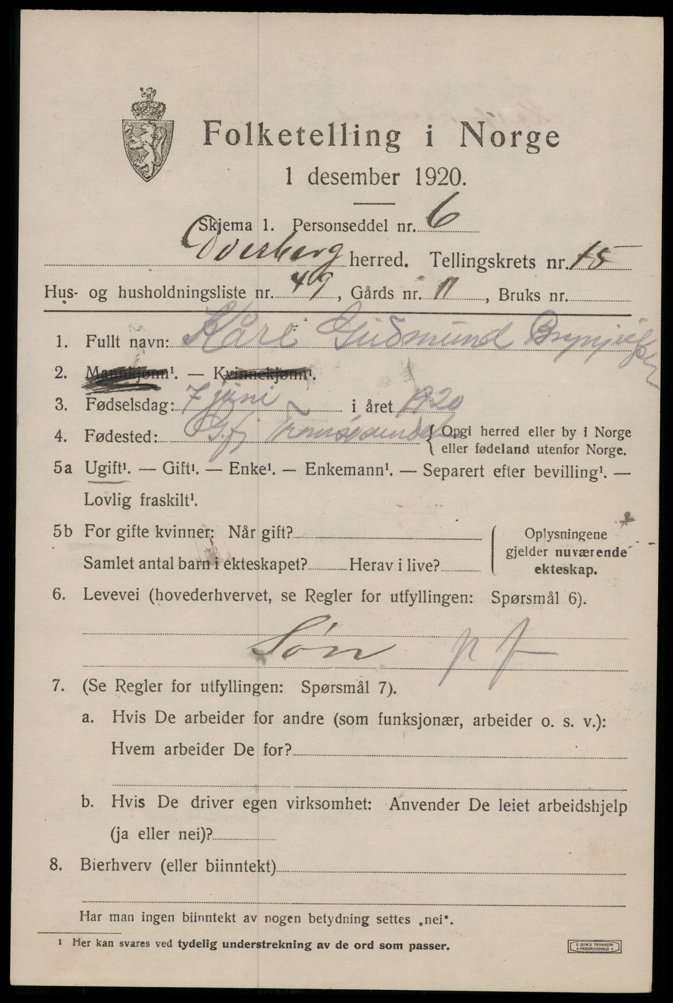 SAT, 1920 census for Dverberg, 1920, p. 11554