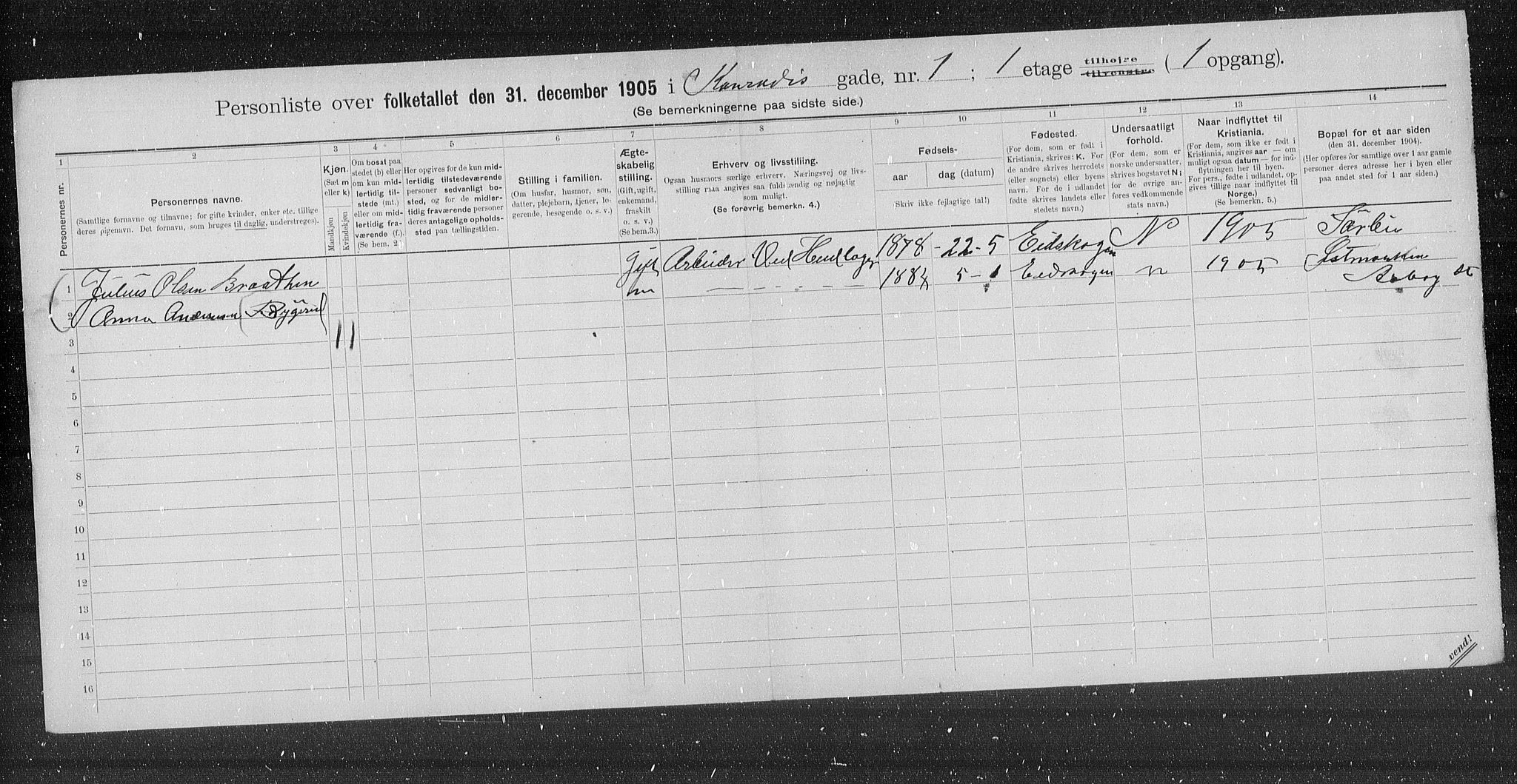 OBA, Municipal Census 1905 for Kristiania, 1905, p. 6913