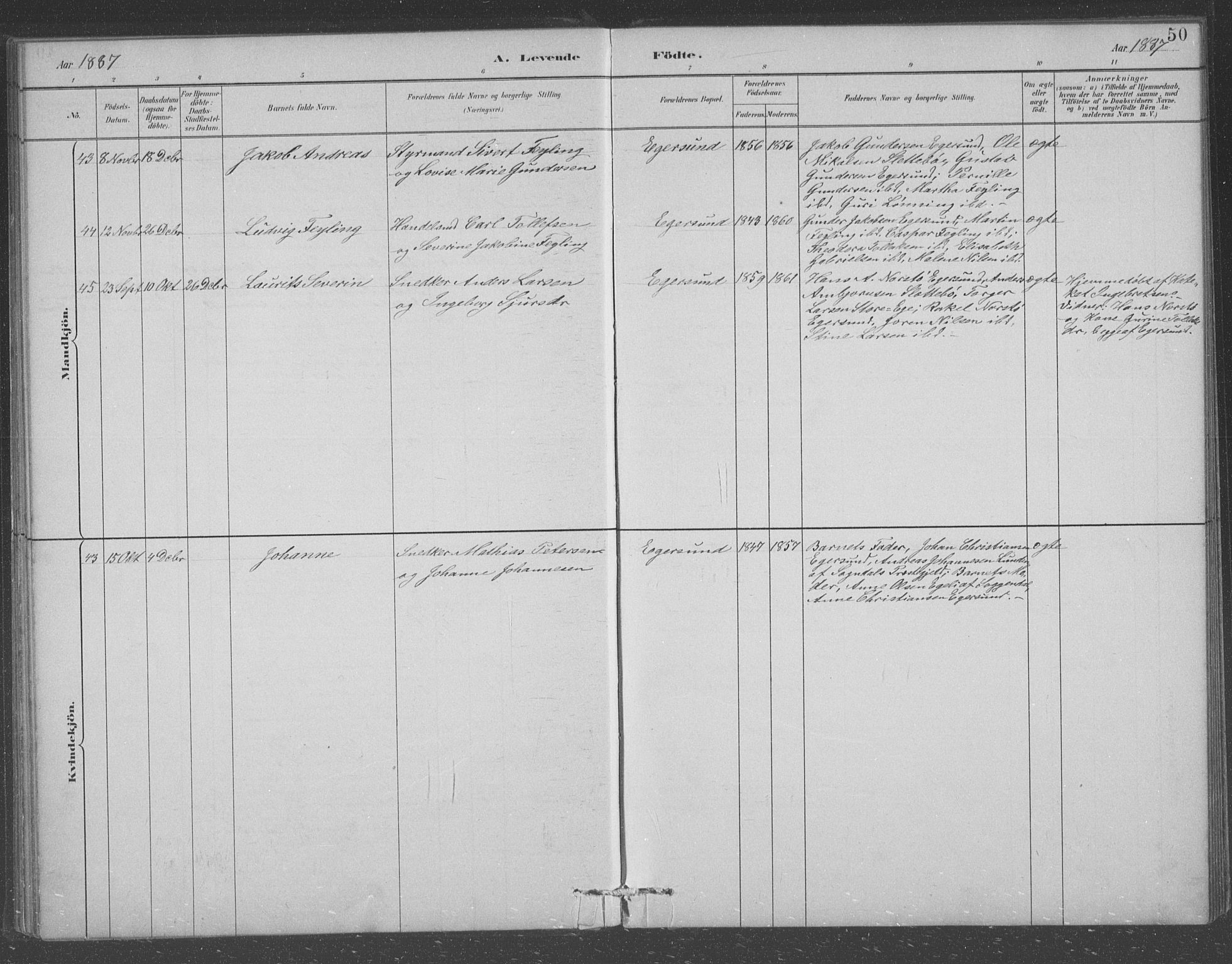 Eigersund sokneprestkontor, AV/SAST-A-101807/001/30/30BB/L0008: Parish register (copy) no. B 8, 1882-1892, p. 50