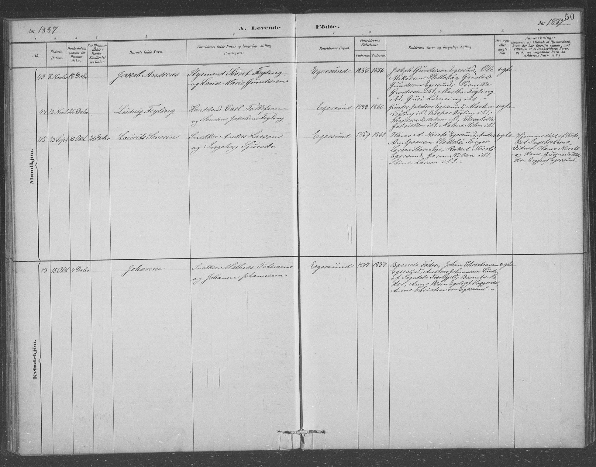 Eigersund sokneprestkontor, AV/SAST-A-101807/S09/L0008: Parish register (copy) no. B 8, 1882-1892, p. 50