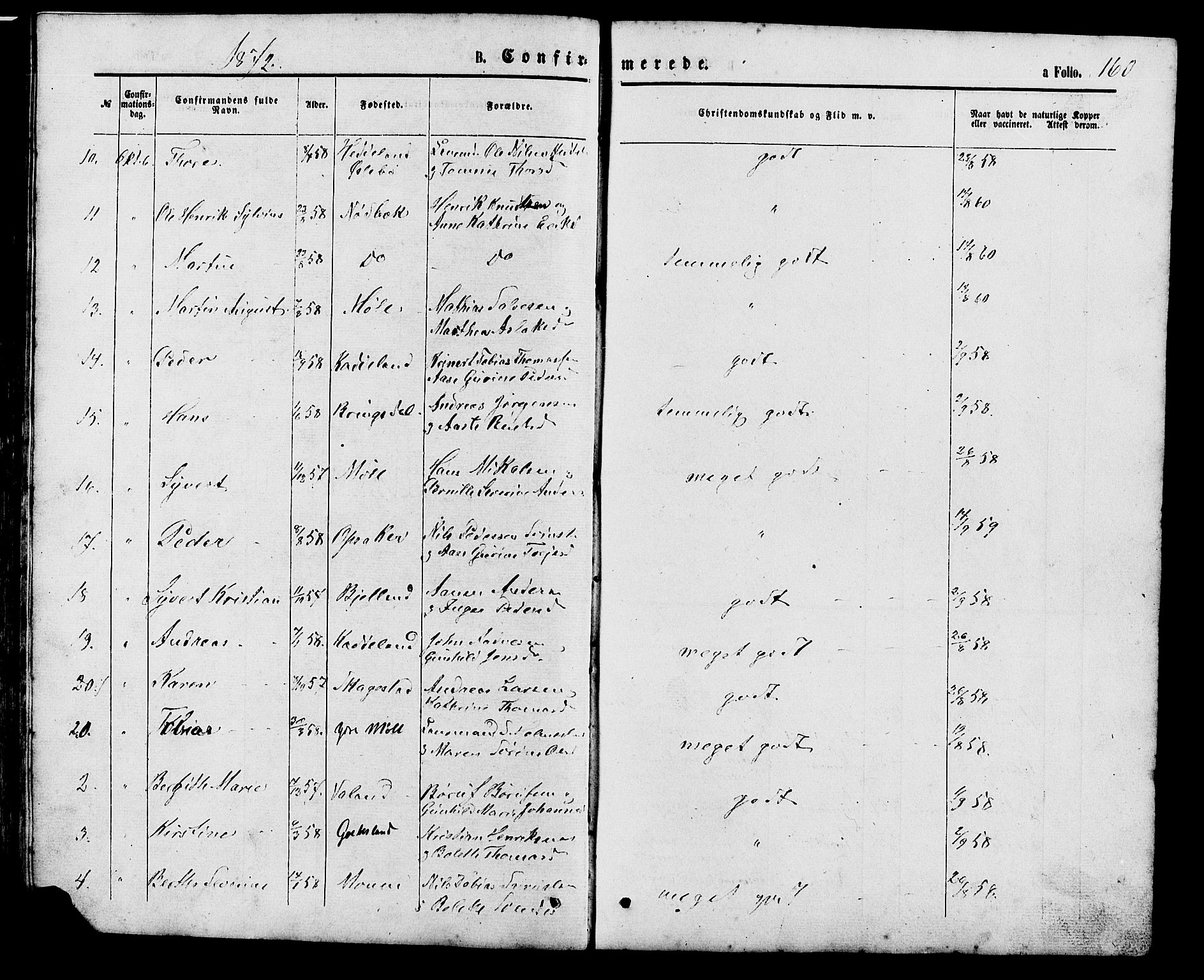 Holum sokneprestkontor, SAK/1111-0022/F/Fb/Fba/L0004: Parish register (copy) no. B 4, 1867-1890, p. 160