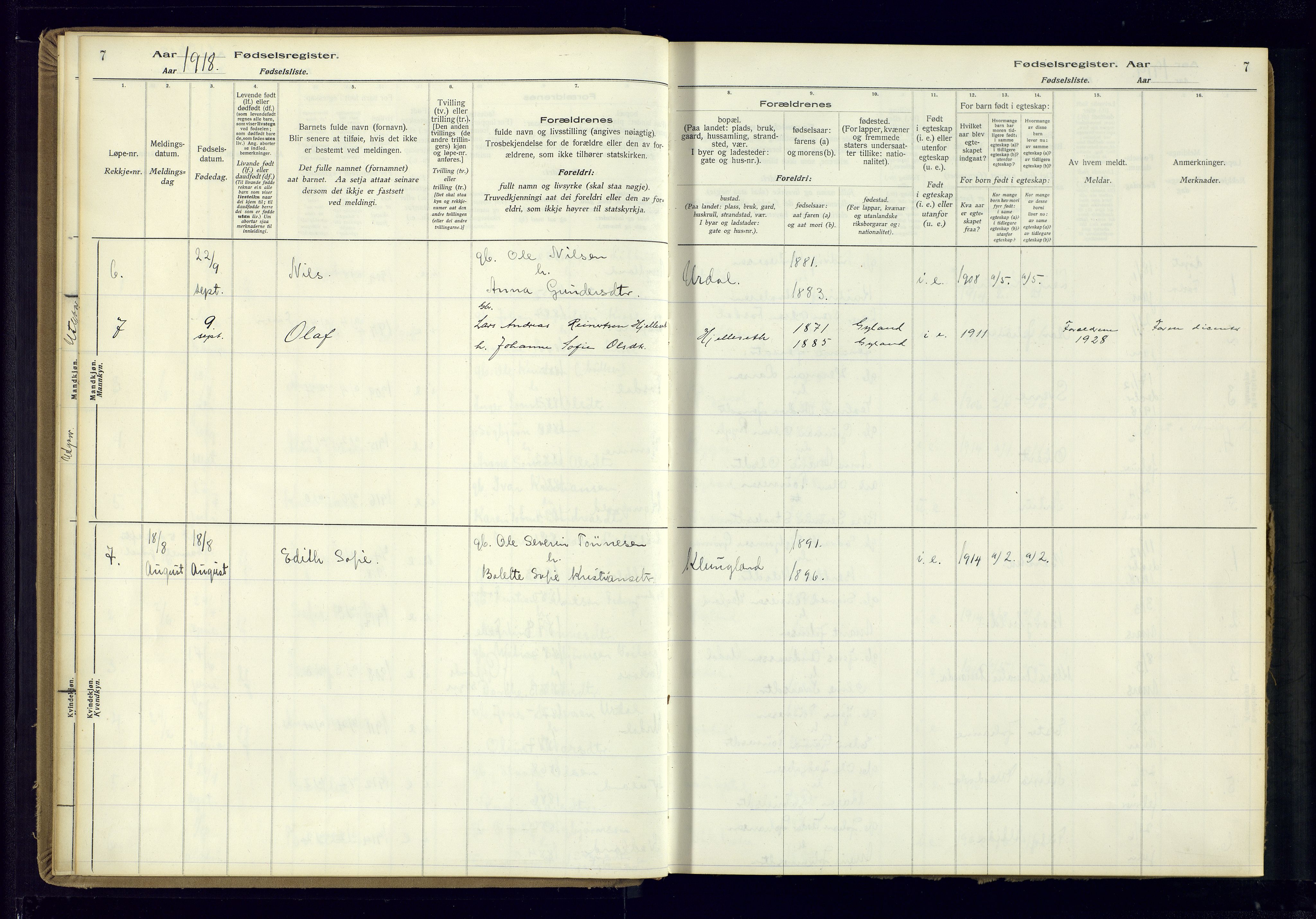 Bakke sokneprestkontor, AV/SAK-1111-0002/J/Ja/L0002: Birth register no. A-VI-19, 1916-1982, p. 7