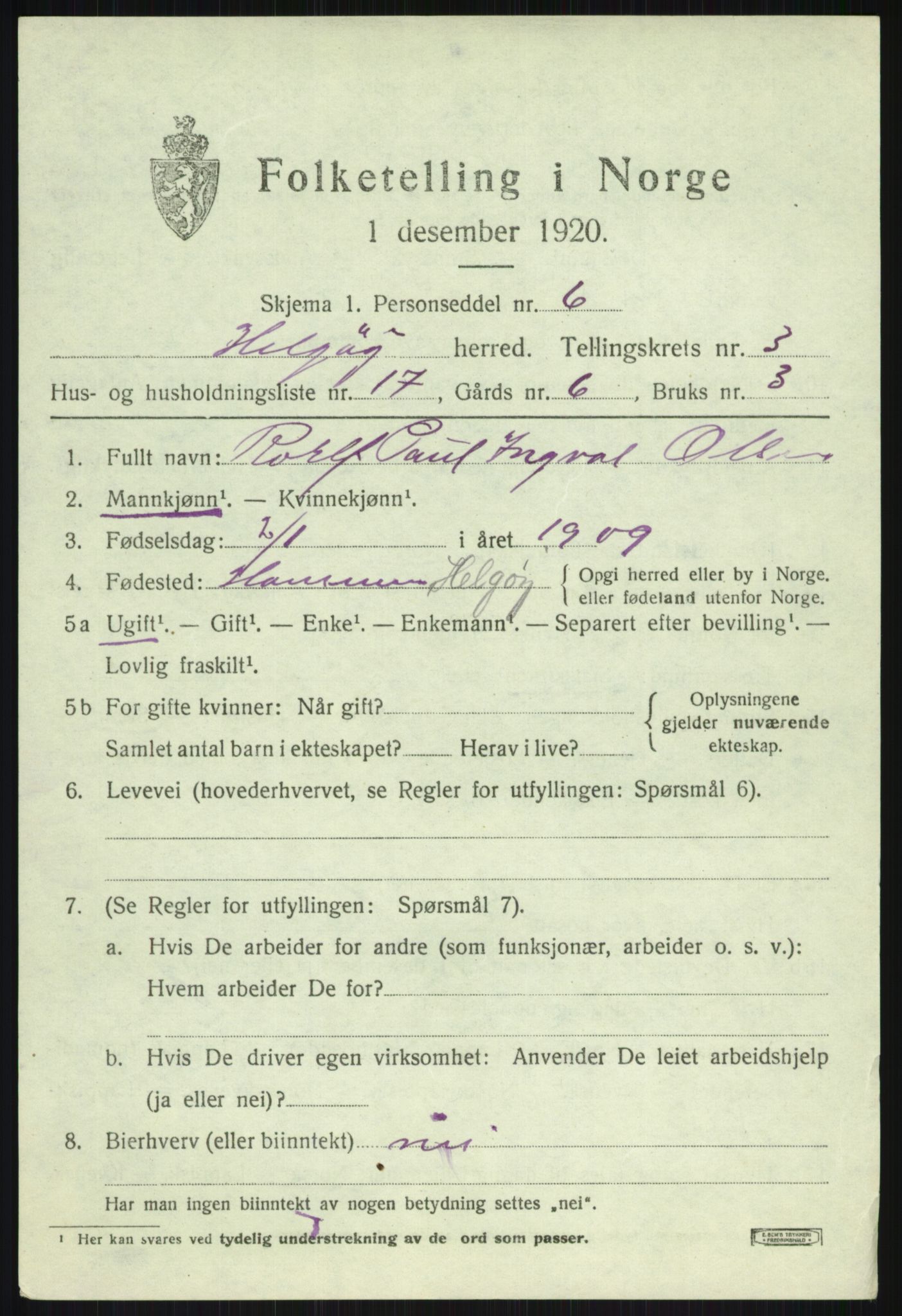 SATØ, 1920 census for Helgøy, 1920, p. 1609