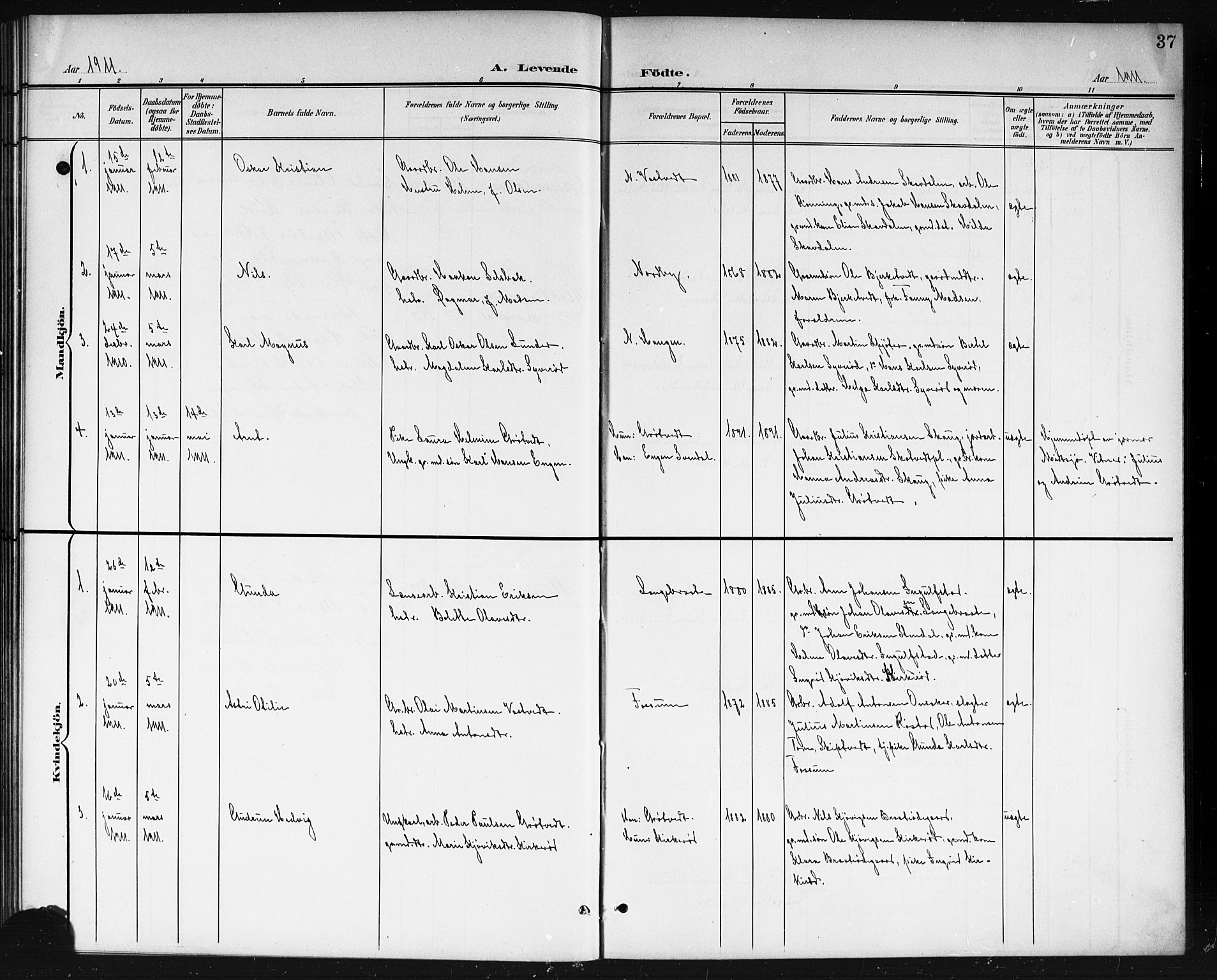 Våler prestekontor Kirkebøker, AV/SAO-A-11083/G/Gb/L0001: Parish register (copy) no. II 1, 1901-1916, p. 37