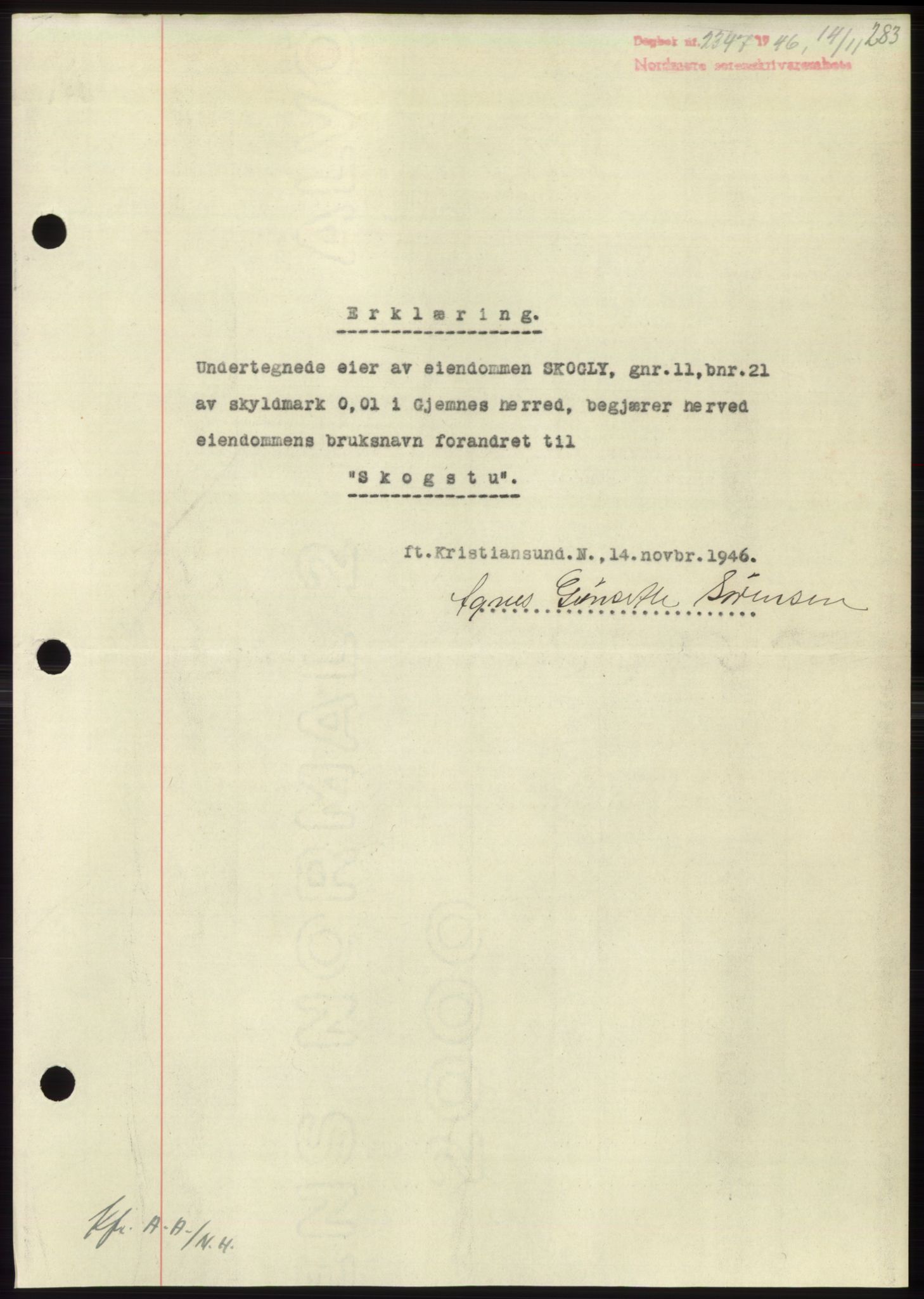 Nordmøre sorenskriveri, AV/SAT-A-4132/1/2/2Ca: Mortgage book no. B95, 1946-1947, Diary no: : 2347/1946