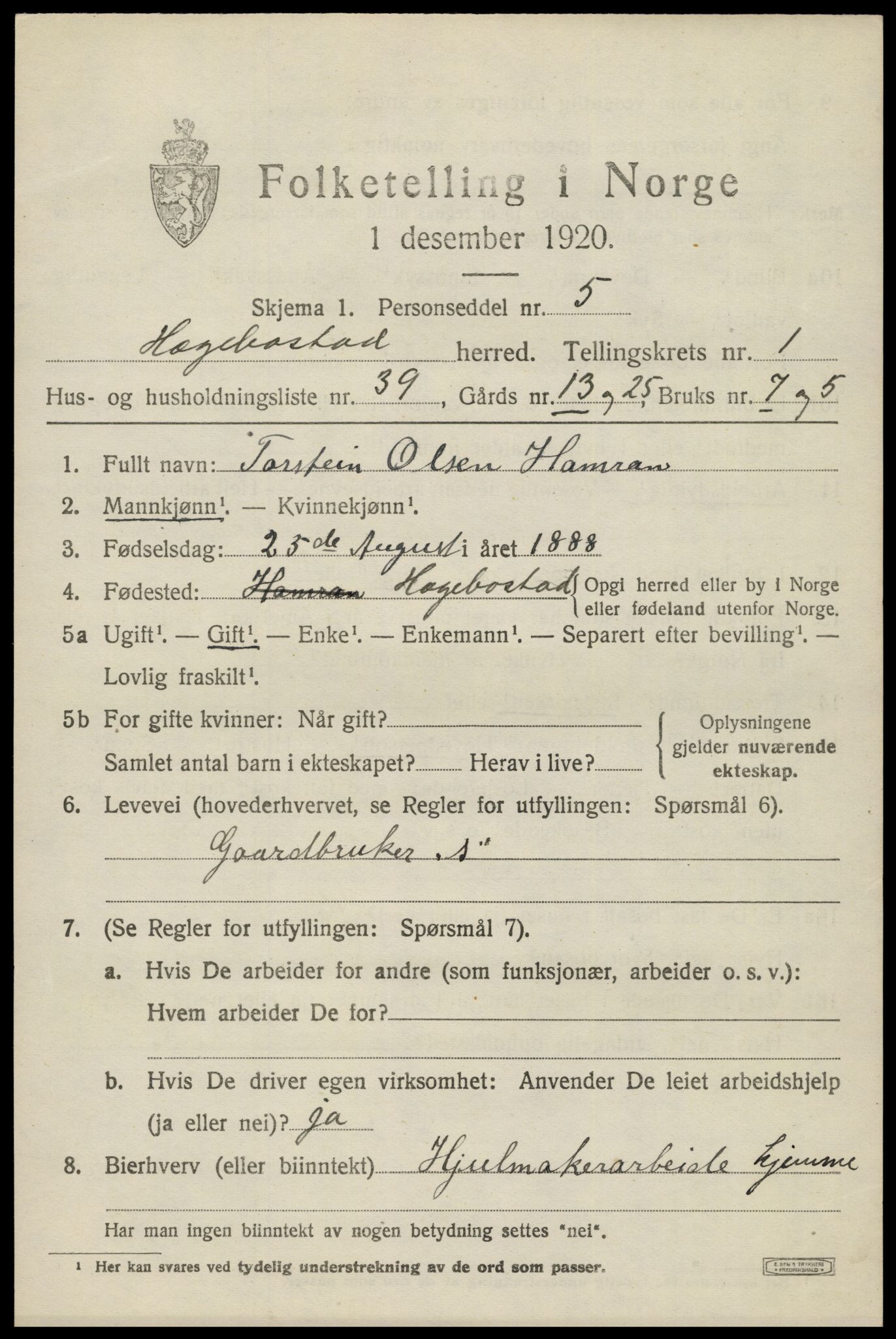 SAK, 1920 census for Hægebostad, 1920, p. 851