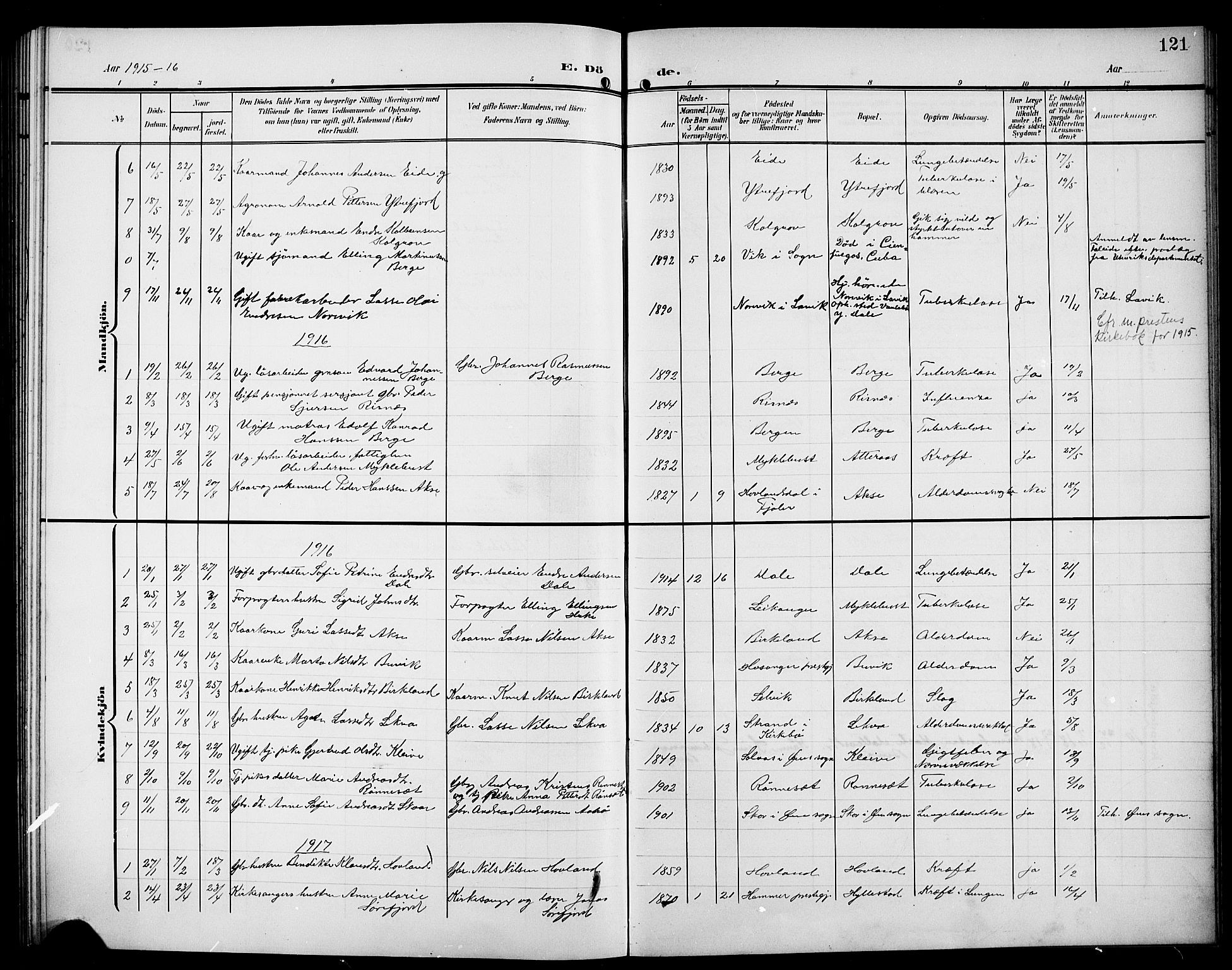 Hyllestad sokneprestembete, AV/SAB-A-80401: Parish register (copy) no. A 3, 1906-1925, p. 121