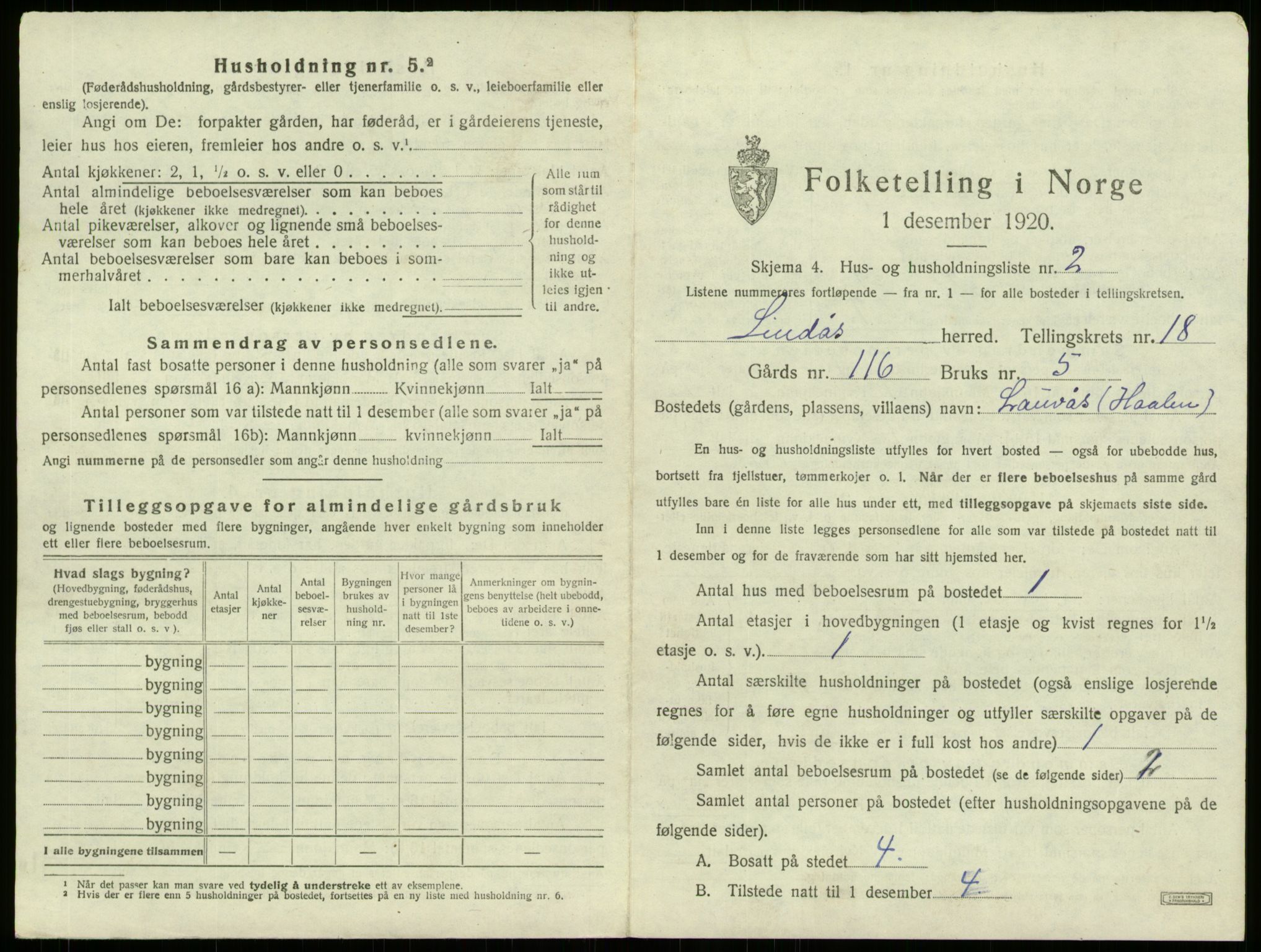 SAB, 1920 census for Lindås, 1920, p. 1278