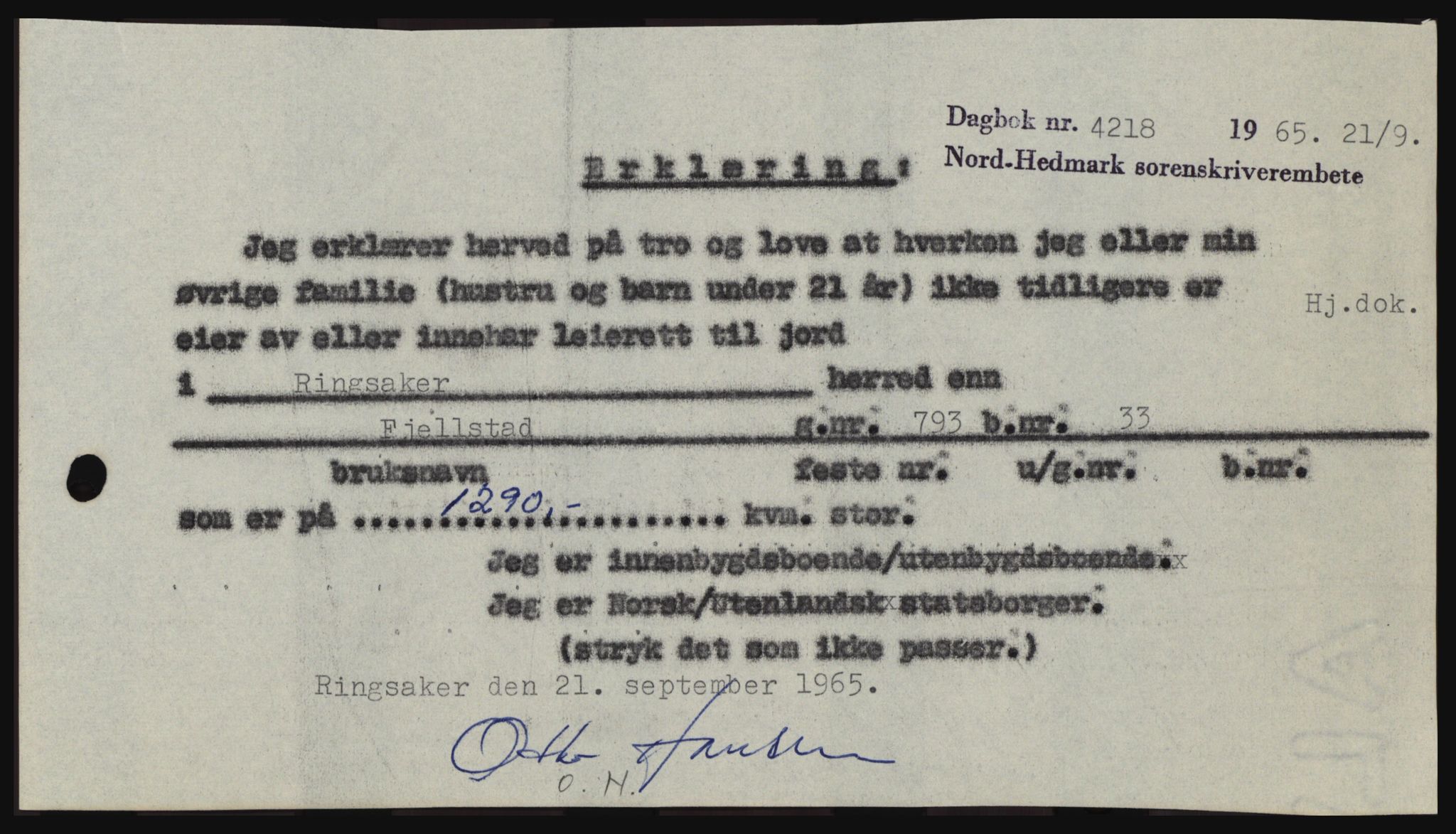 Nord-Hedmark sorenskriveri, SAH/TING-012/H/Hc/L0022: Mortgage book no. 22, 1965-1965, Diary no: : 4218/1965