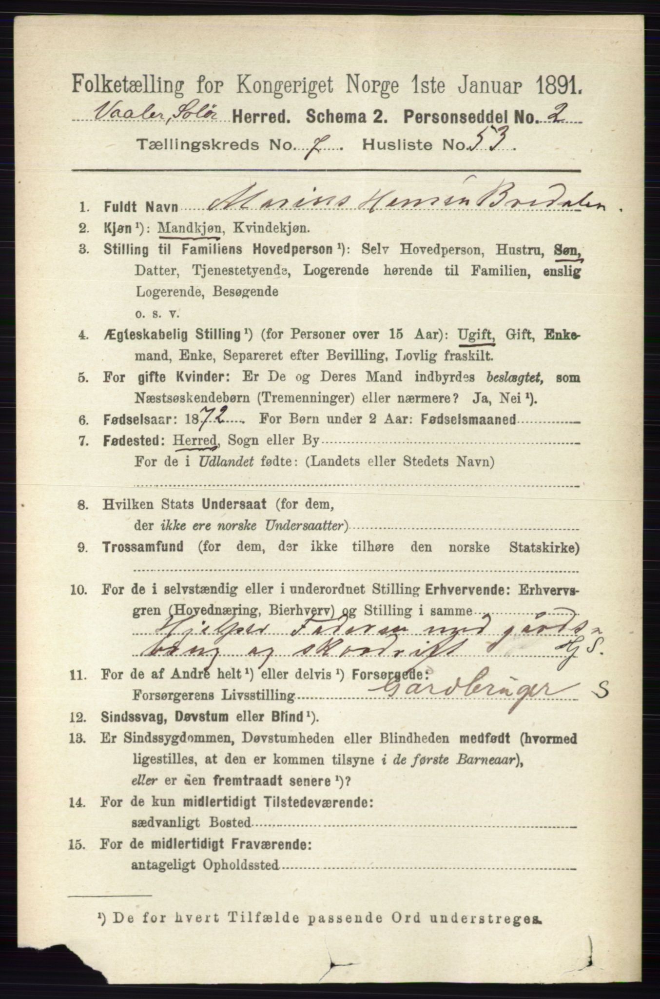 RA, 1891 census for 0426 Våler, 1891, p. 3247