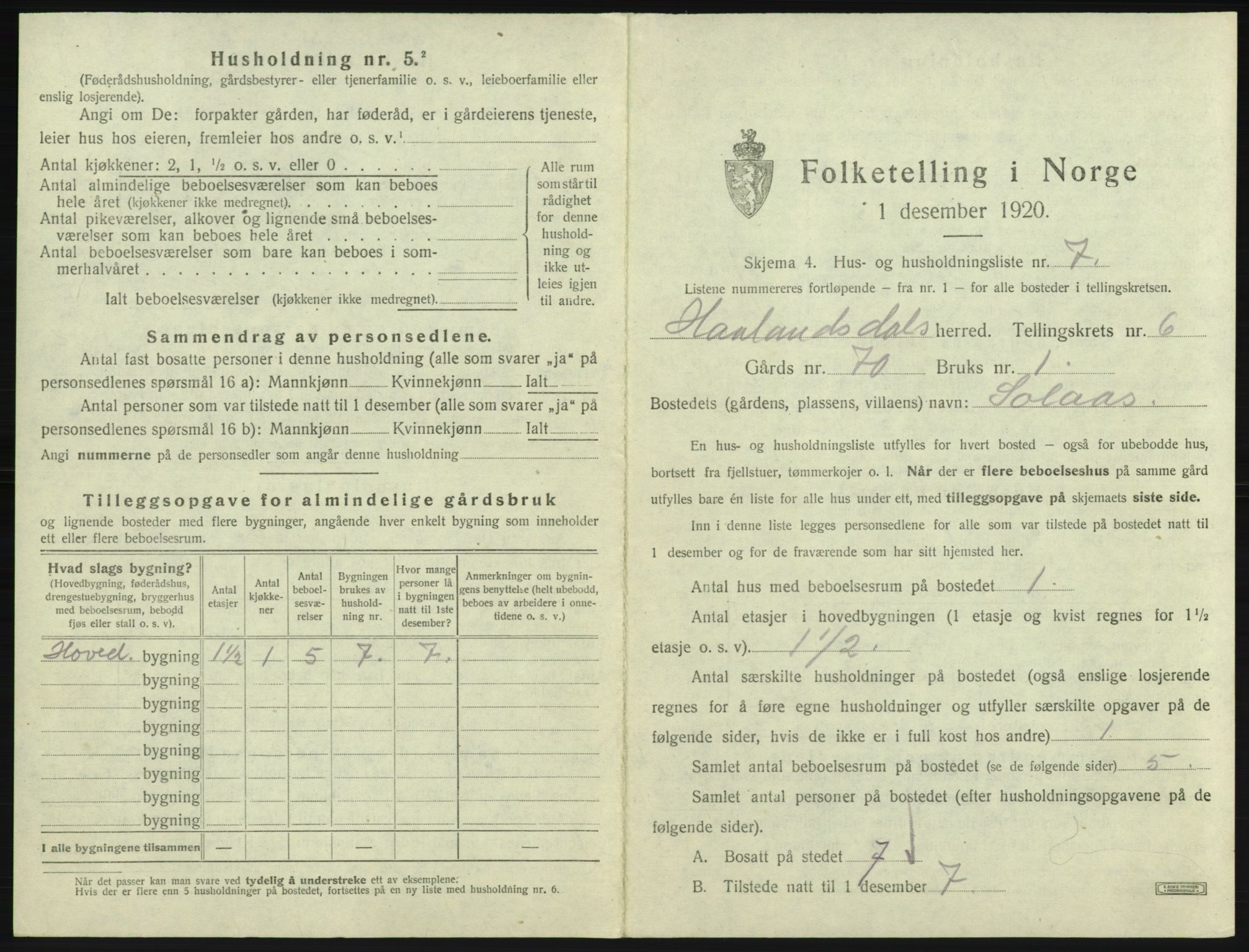 SAB, 1920 census for Hålandsdal, 1920, p. 202