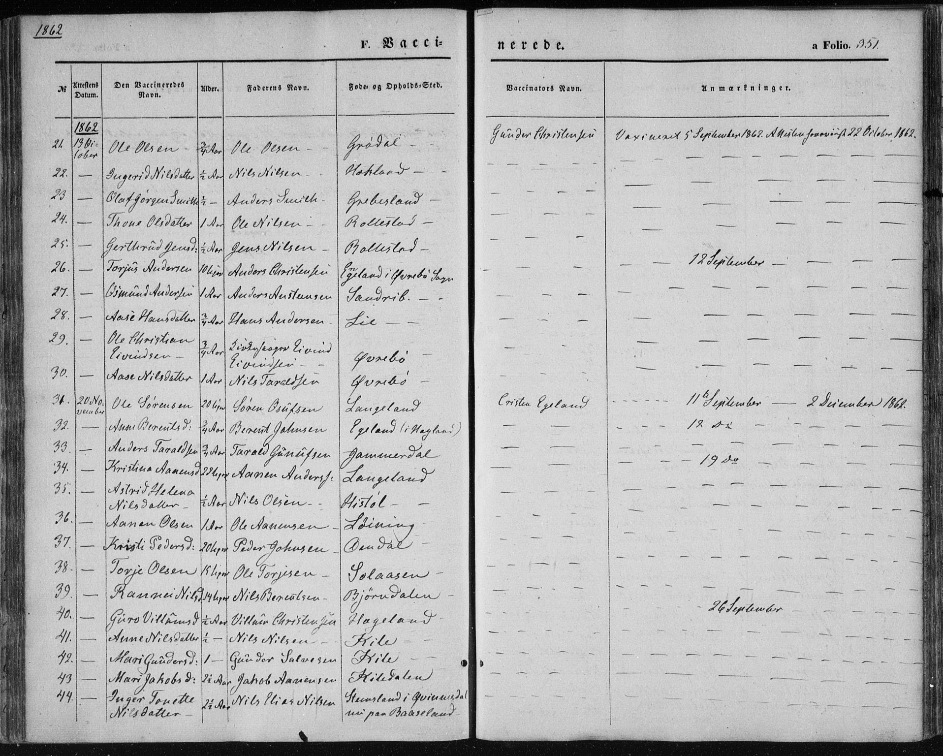 Vennesla sokneprestkontor, AV/SAK-1111-0045/Fa/Fac/L0007: Parish register (official) no. A 7, 1855-1873, p. 351