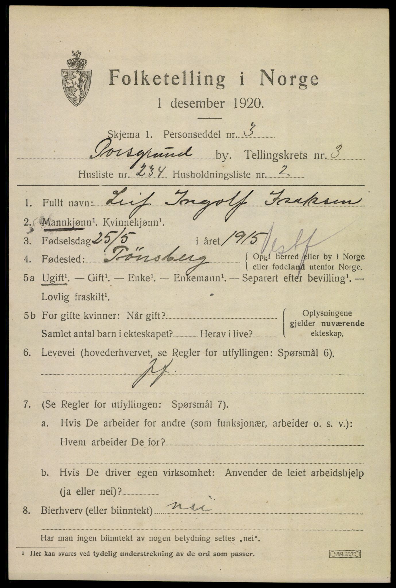 SAKO, 1920 census for Porsgrunn, 1920, p. 17399
