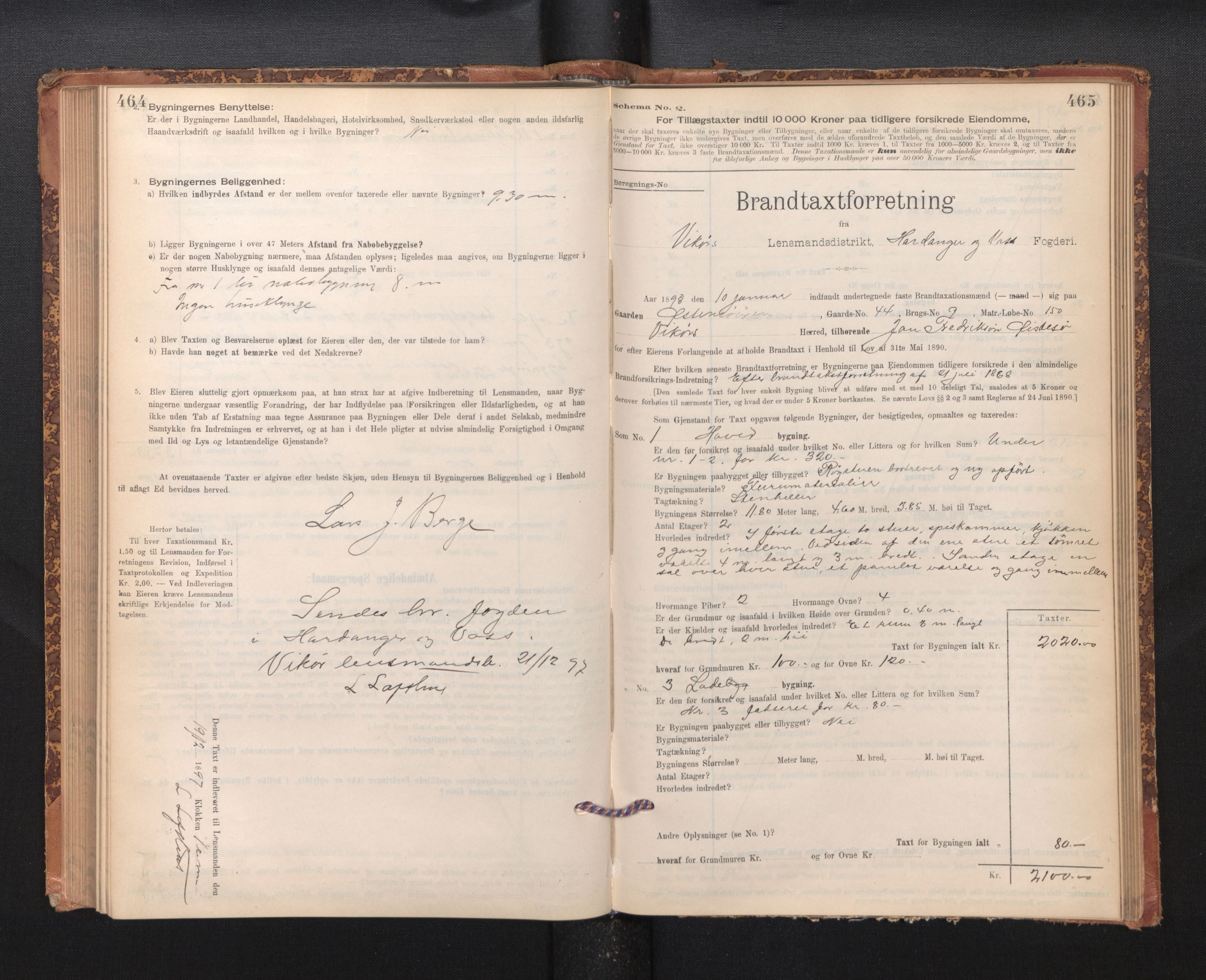Lensmannen i Kvam, SAB/A-33201/0012/L0005: Branntakstprotokoll, skjematakst, 1894-1913, p. 464-465