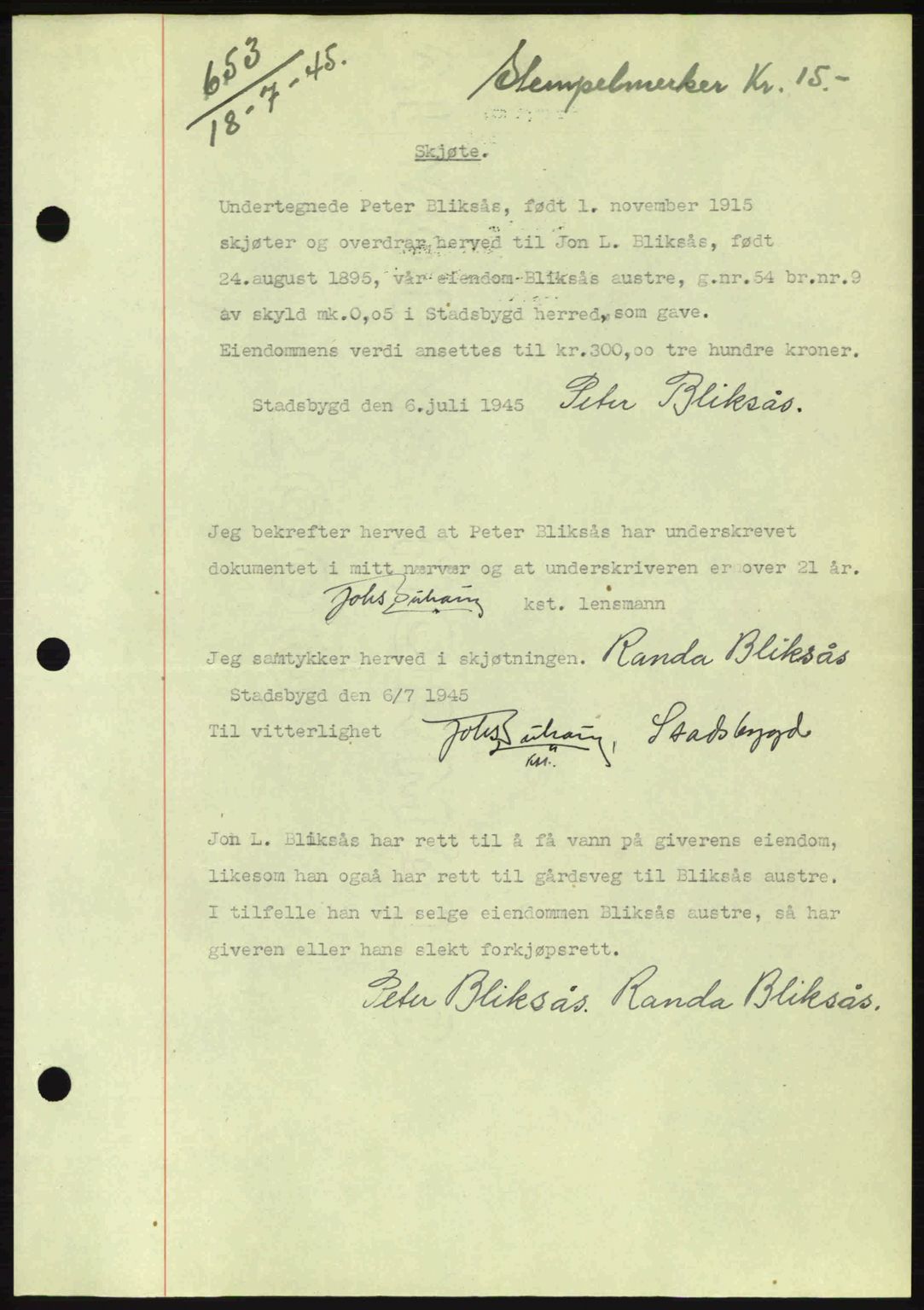 Fosen sorenskriveri, AV/SAT-A-1107/1/2/2C: Mortgage book no. A3, 1943-1945, Diary no: : 653/1945