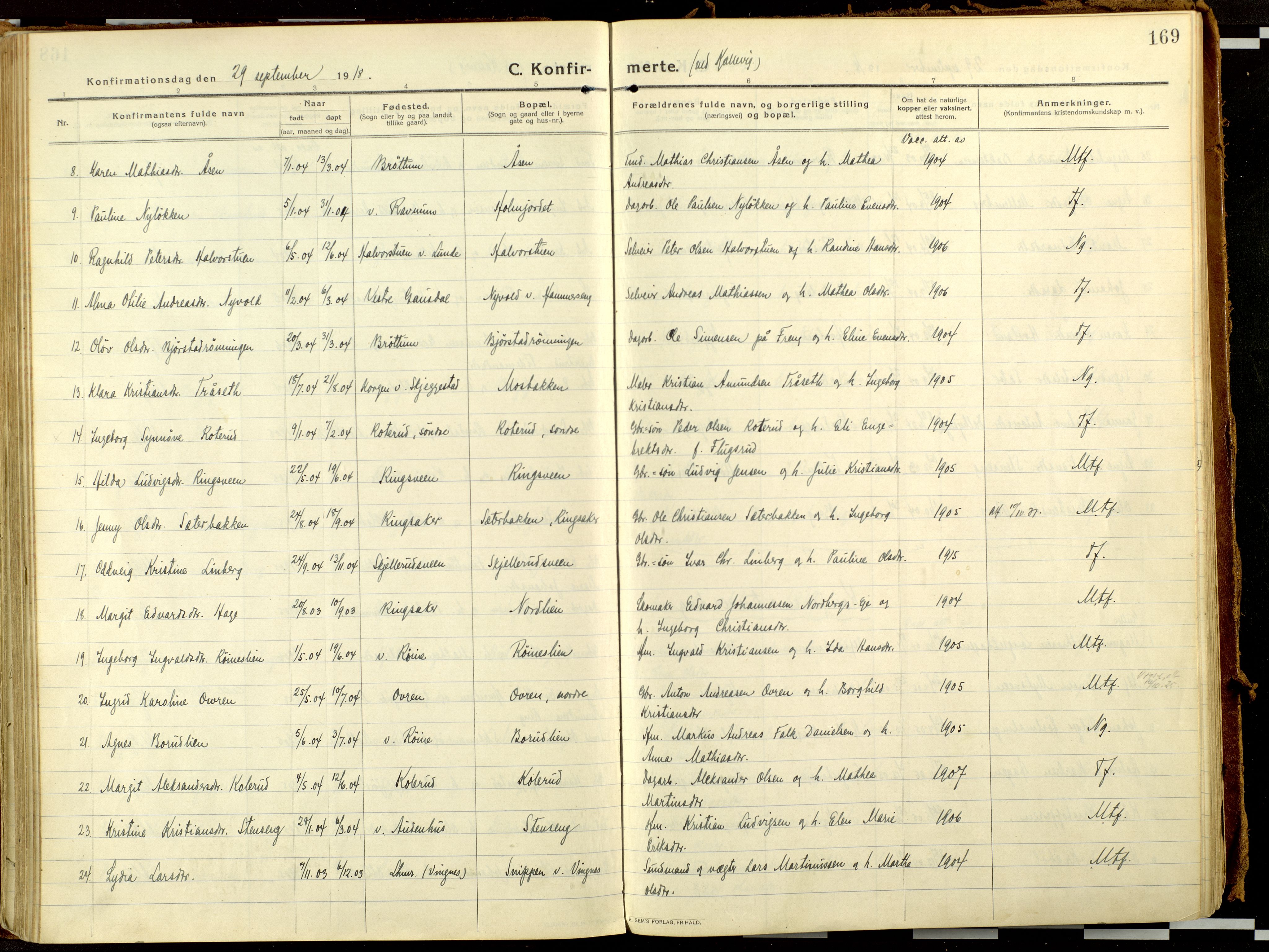 Fåberg prestekontor, AV/SAH-PREST-086/H/Ha/Haa/L0013: Parish register (official) no. 13, 1913-1928, p. 169