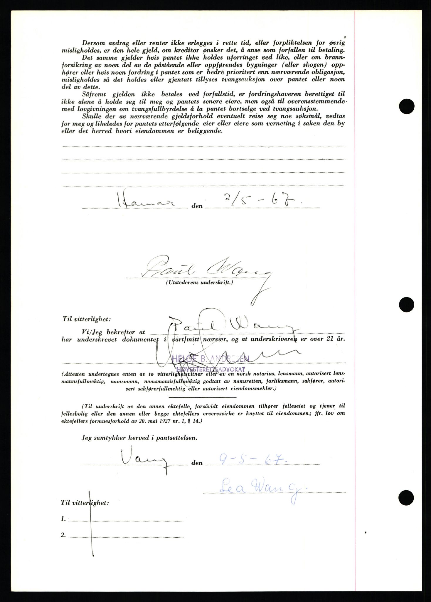 Nord-Hedmark sorenskriveri, SAH/TING-012/H/Hb/Hbf/L0071: Mortgage book no. B71, 1967-1967, Diary no: : 2098/1967