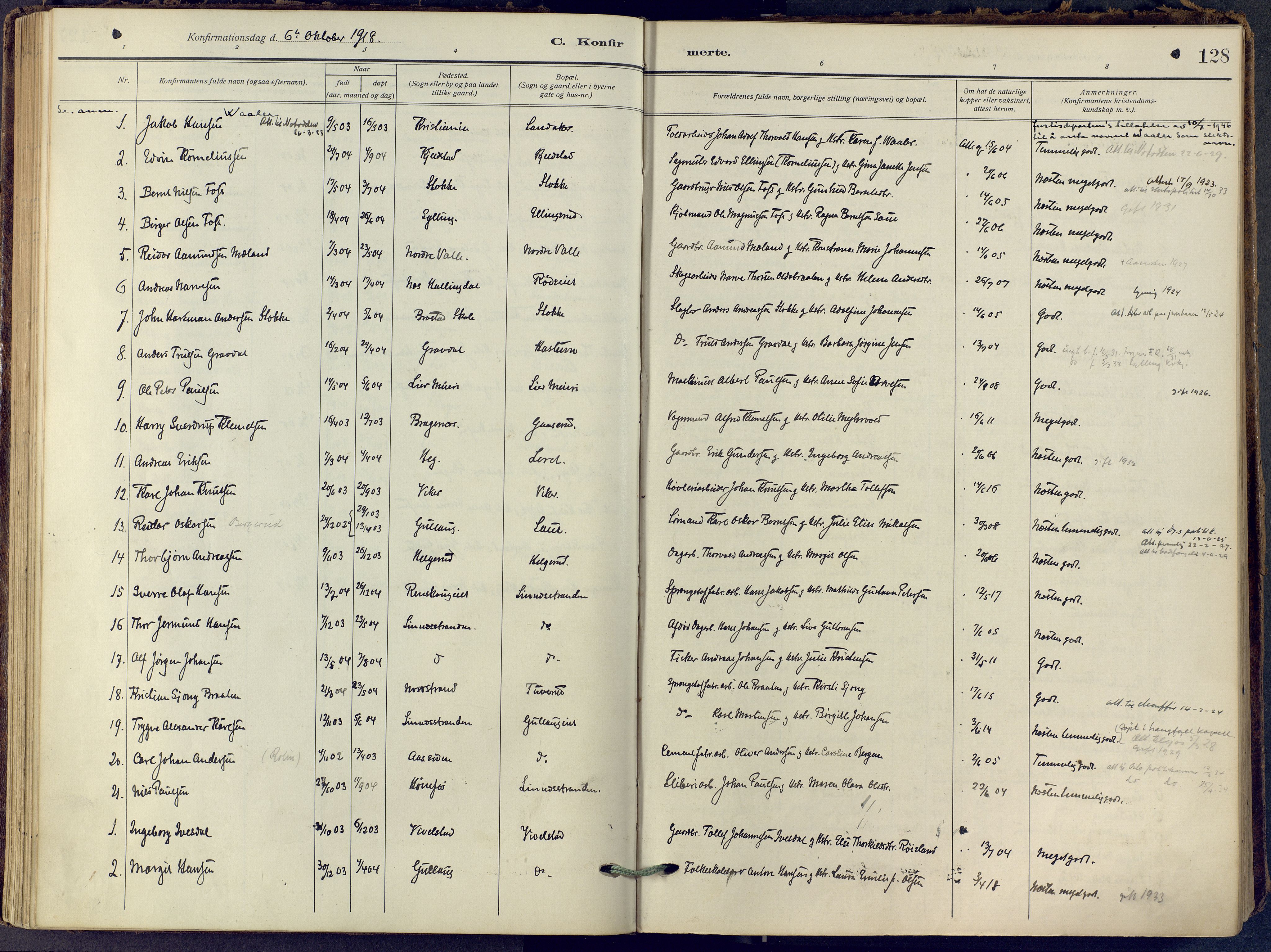 Lier kirkebøker, SAKO/A-230/F/Fa/L0019: Parish register (official) no. I 19, 1918-1928, p. 128