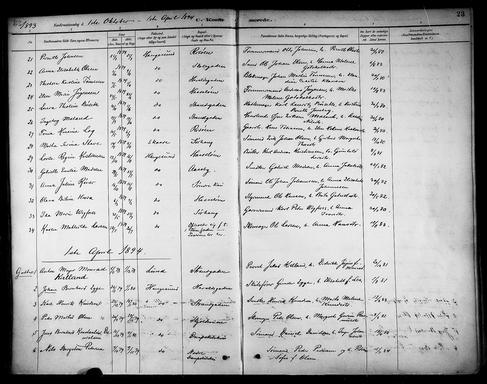 Haugesund sokneprestkontor, AV/SAST-A -101863/H/Ha/Haa/L0005: Parish register (official) no. A 5, 1891-1903, p. 23