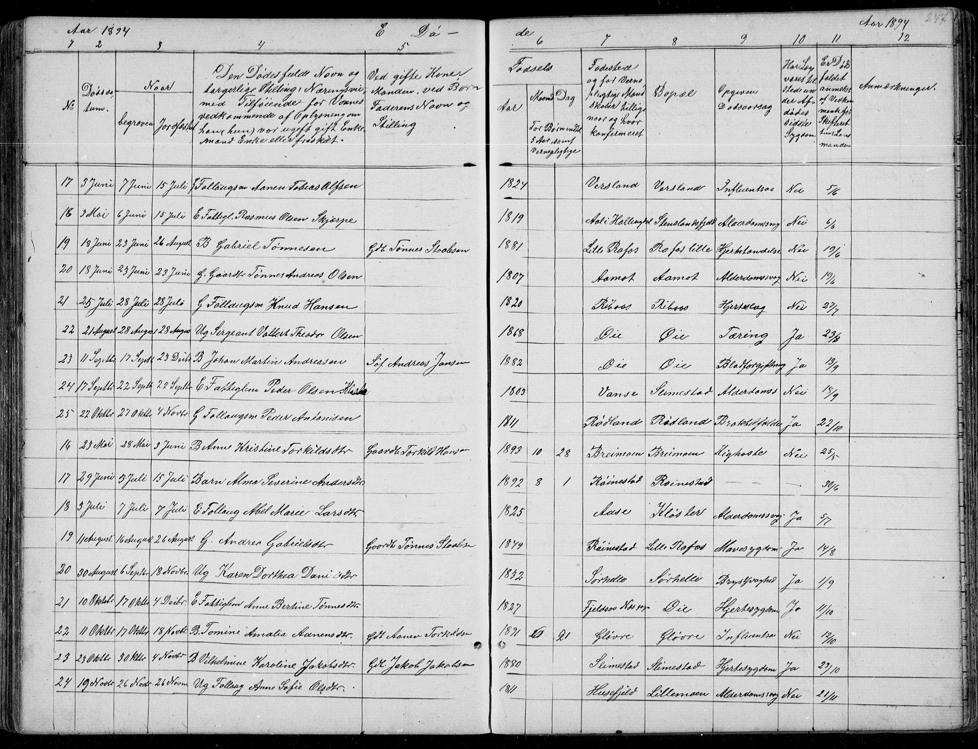 Kvinesdal sokneprestkontor, AV/SAK-1111-0026/F/Fb/Fbb/L0002: Parish register (copy) no. B 2, 1873-1897, p. 247