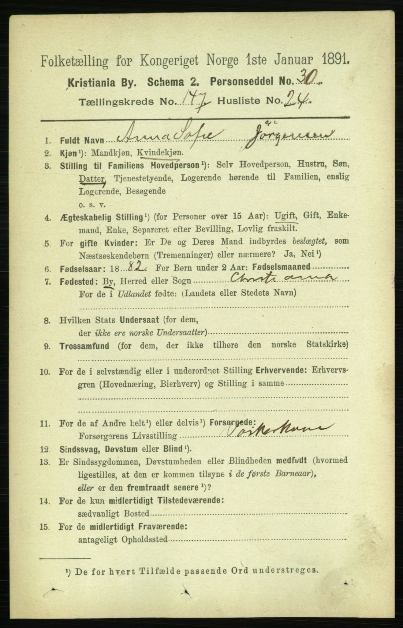 RA, 1891 census for 0301 Kristiania, 1891, p. 82260