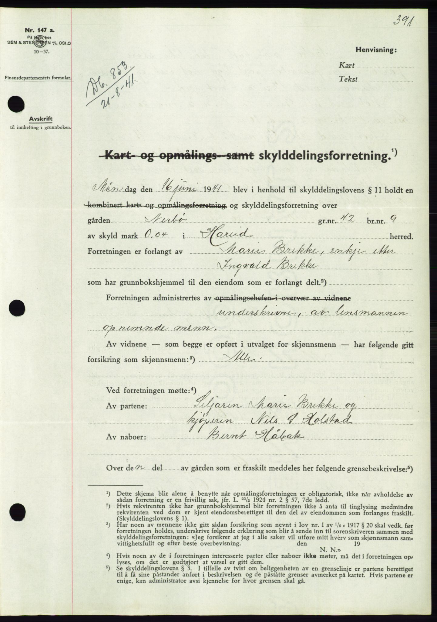 Søre Sunnmøre sorenskriveri, AV/SAT-A-4122/1/2/2C/L0071: Mortgage book no. 65, 1941-1941, Diary no: : 853/1941