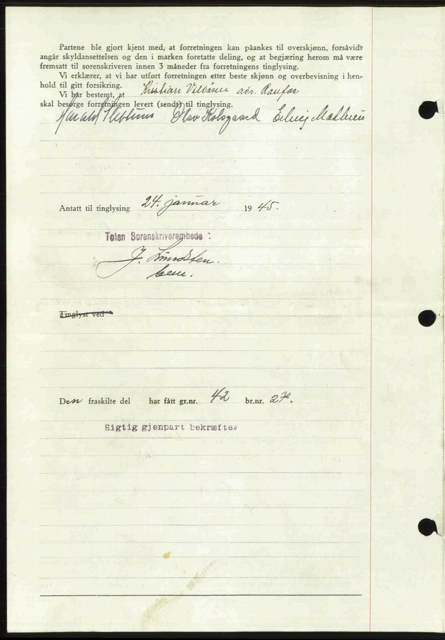 Toten tingrett, SAH/TING-006/H/Hb/Hbc/L0013: Mortgage book no. Hbc-13, 1945-1945, Diary no: : 117/1945