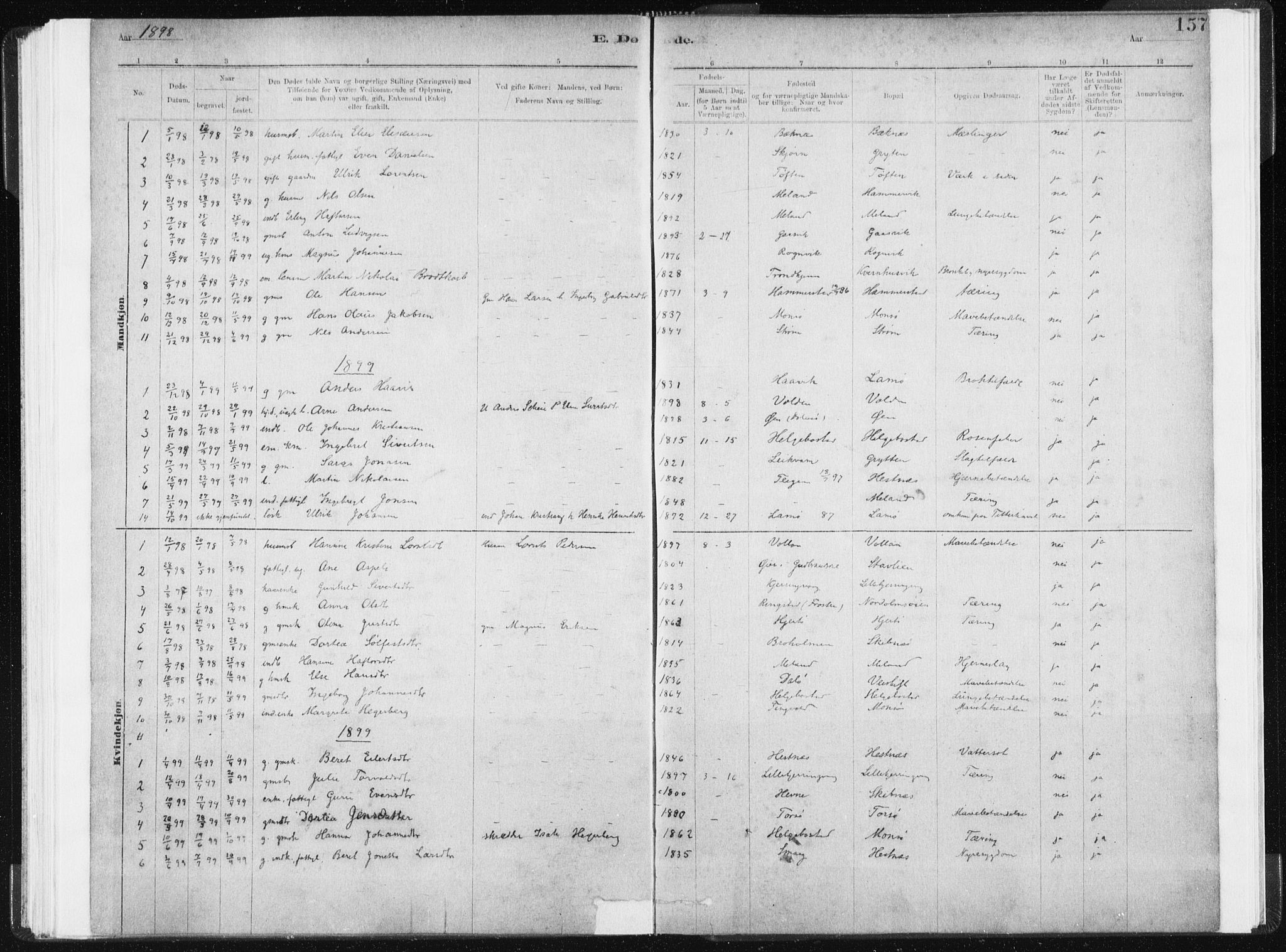 Ministerialprotokoller, klokkerbøker og fødselsregistre - Sør-Trøndelag, AV/SAT-A-1456/634/L0533: Parish register (official) no. 634A09, 1882-1901, p. 157