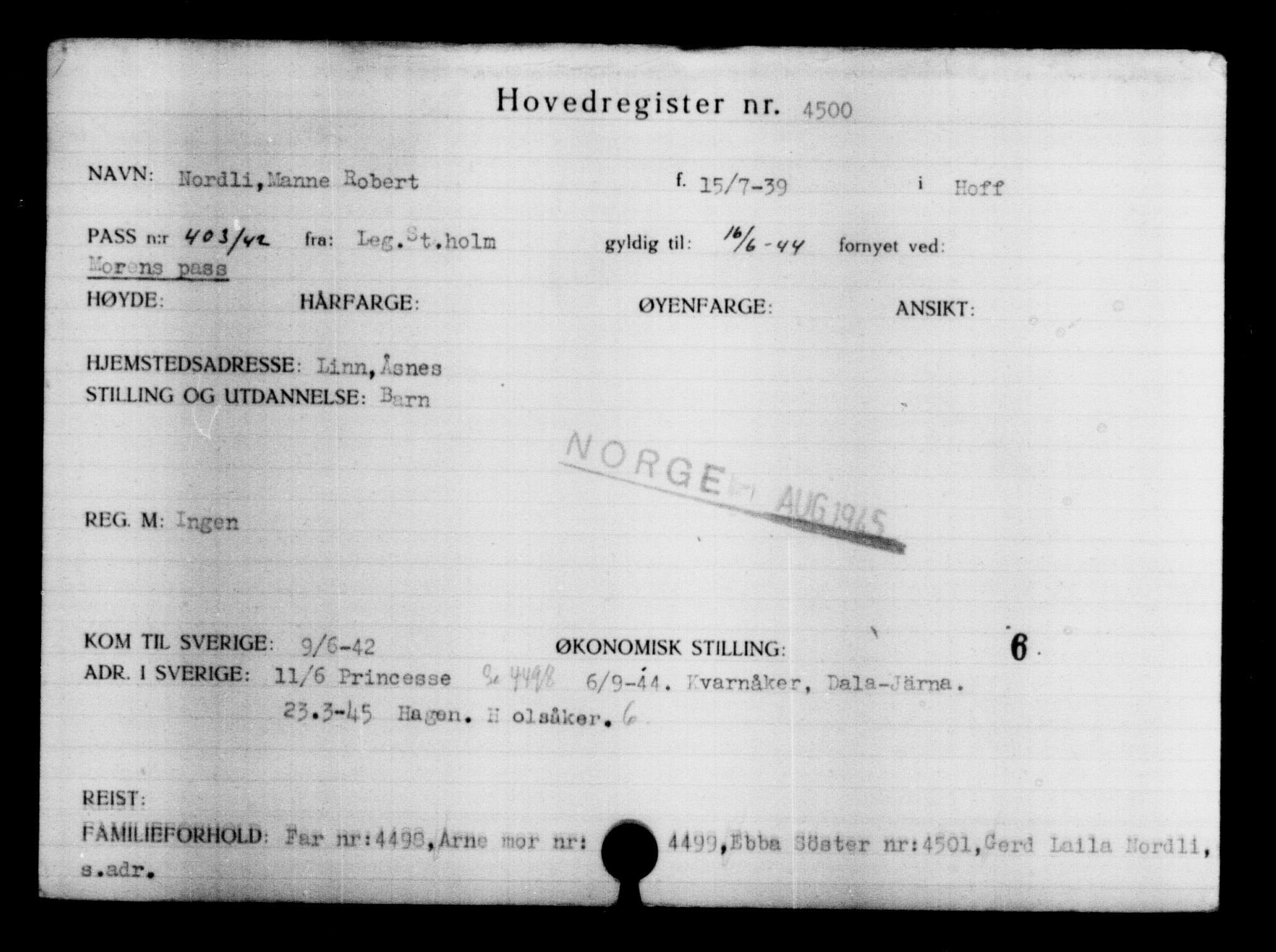 Utenriksstasjonene, Legasjonen i Stockholm, Flyktningkontoret, AV/RA-S-6753/V/Va/L0004: Kjesäterkartoteket, flyktninger med registreringsnr. 3496-6610, 1940-1945, p. 1205