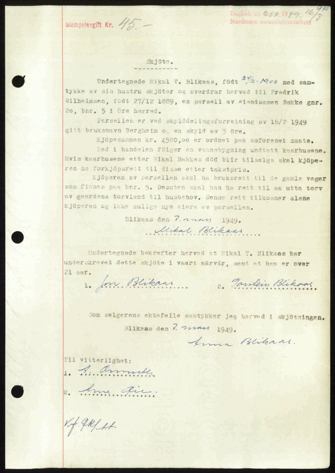 Nordmøre sorenskriveri, AV/SAT-A-4132/1/2/2Ca: Mortgage book no. A110, 1948-1949, Diary no: : 652/1949