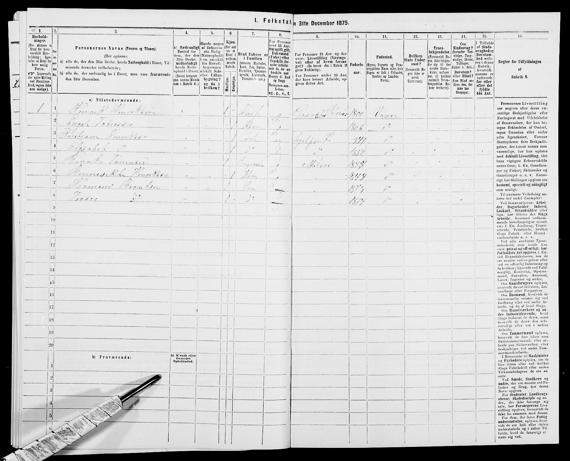 SAK, 1875 census for 1041L Vanse/Vanse og Farsund, 1875, p. 1172