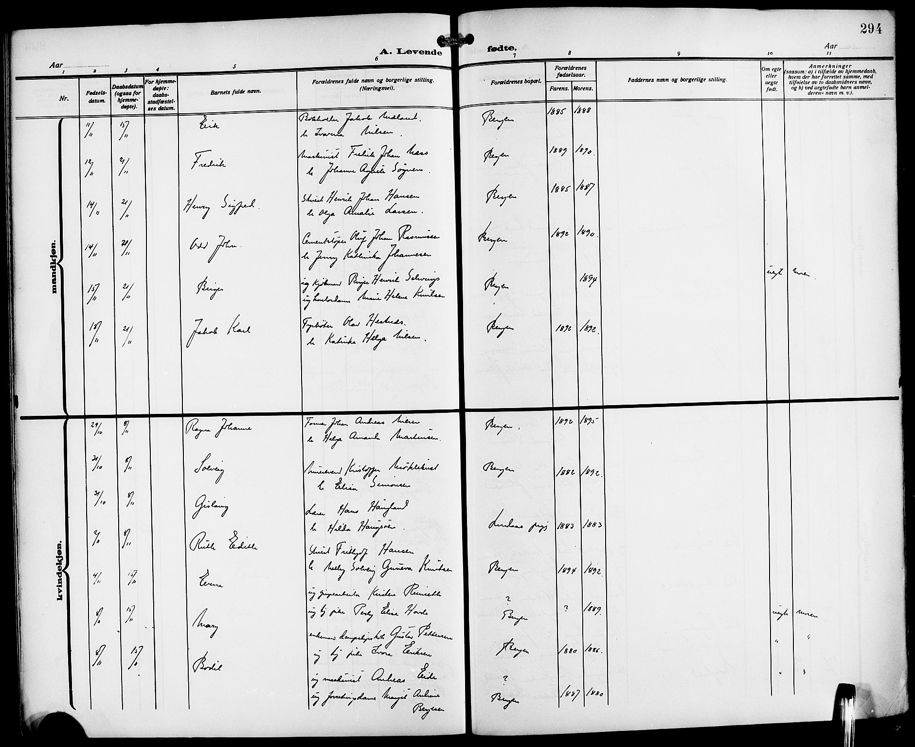 Fødselsstiftelsens sokneprestembete*, SAB/-: Parish register (copy) no. A 2, 1909-1916, p. 294