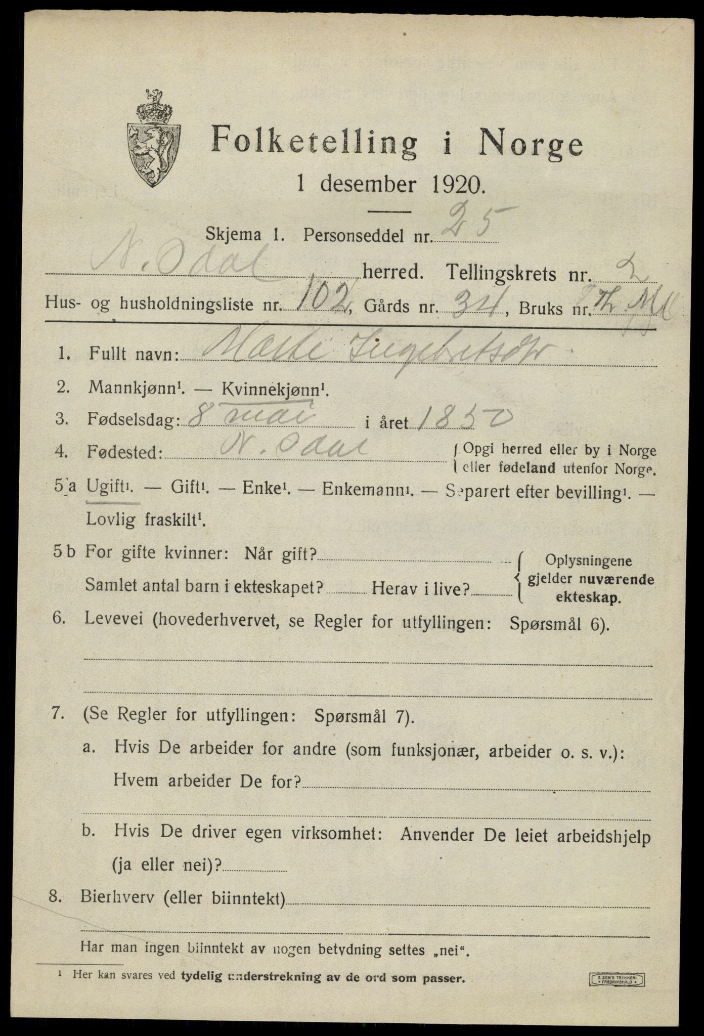 SAH, 1920 census for Nord-Odal, 1920, p. 3789