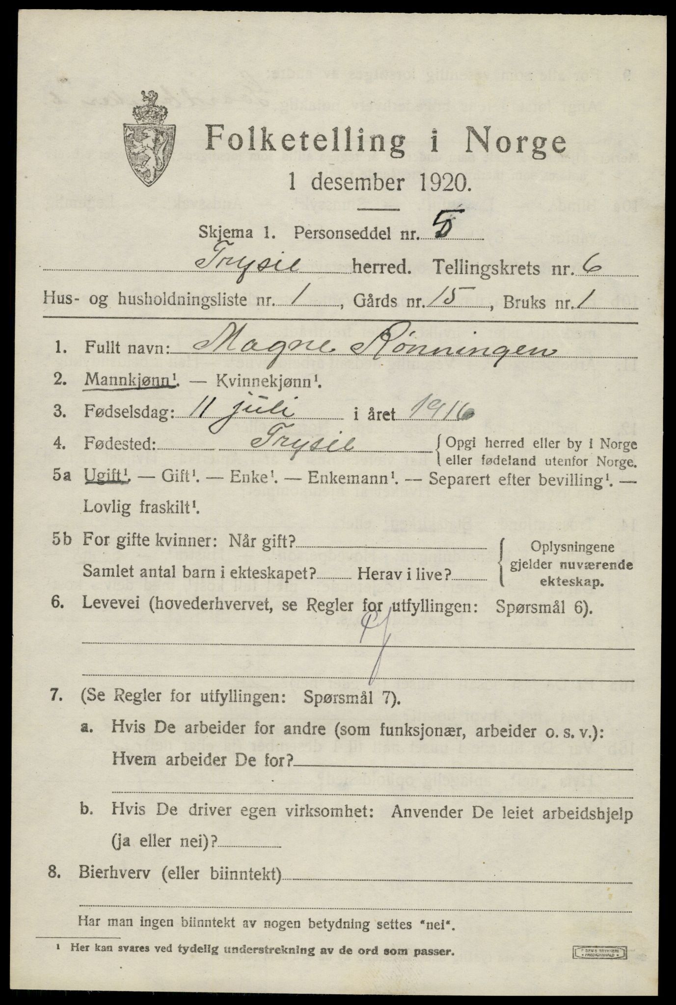 SAH, 1920 census for Trysil, 1920, p. 4537