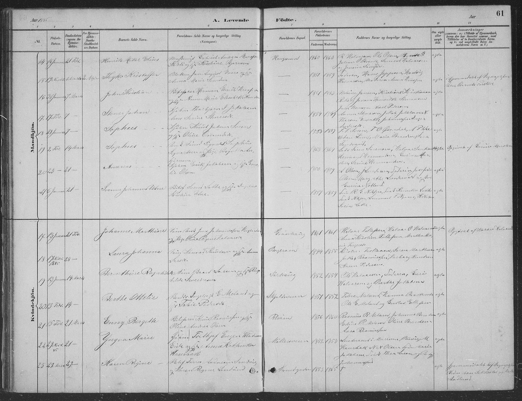 Haugesund sokneprestkontor, AV/SAST-A -101863/H/Ha/Hab/L0002: Parish register (copy) no. B 2, 1881-1894, p. 61