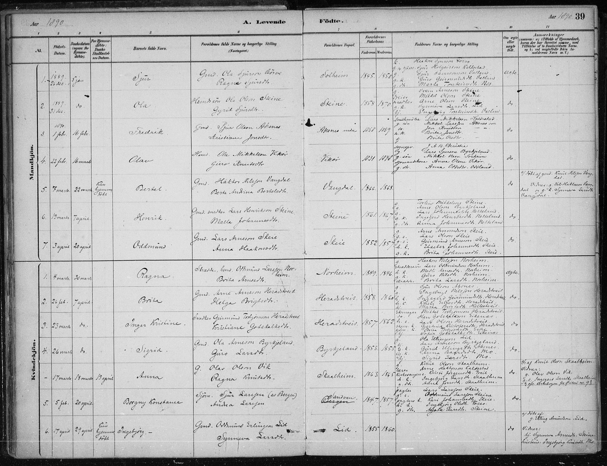 Kvam sokneprestembete, SAB/A-76201/H/Haa: Parish register (official) no. B  1, 1880-1908, p. 39
