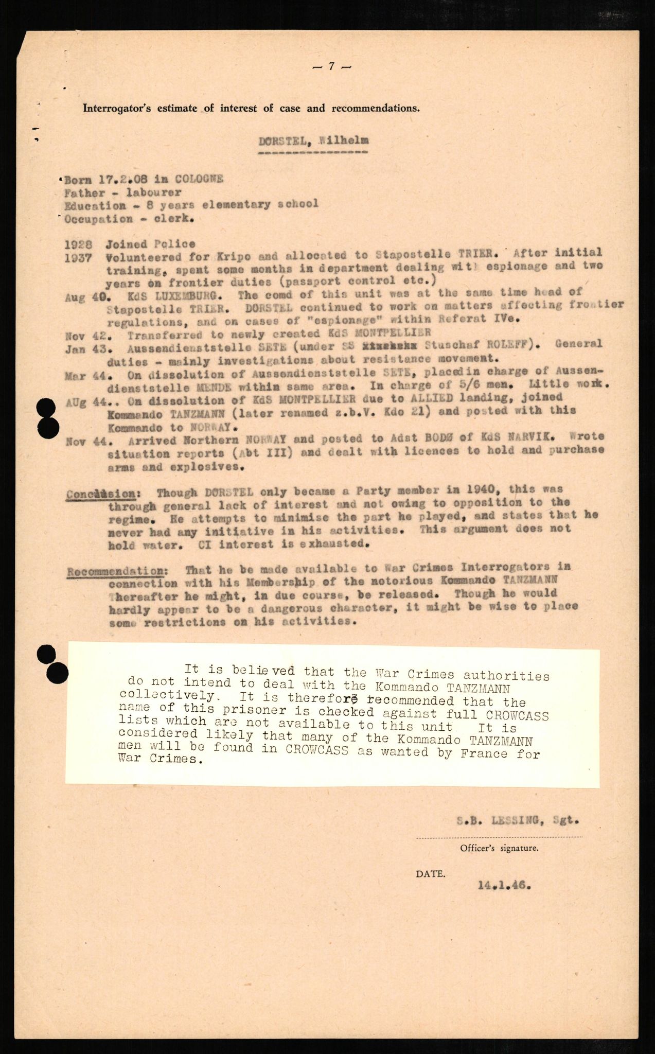 Forsvaret, Forsvarets overkommando II, AV/RA-RAFA-3915/D/Db/L0006: CI Questionaires. Tyske okkupasjonsstyrker i Norge. Tyskere., 1945-1946, p. 409