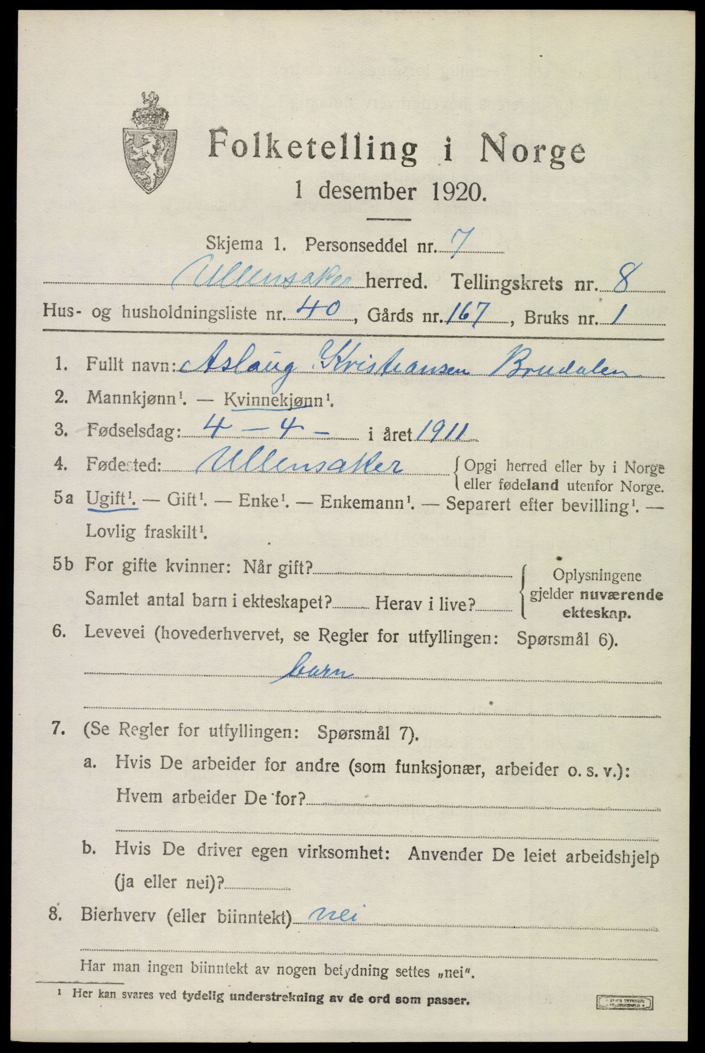 SAO, 1920 census for Ullensaker, 1920, p. 14637