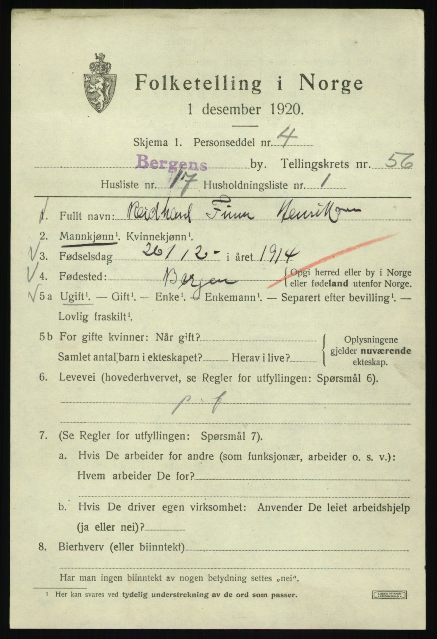 SAB, 1920 census for Bergen, 1920, p. 125380