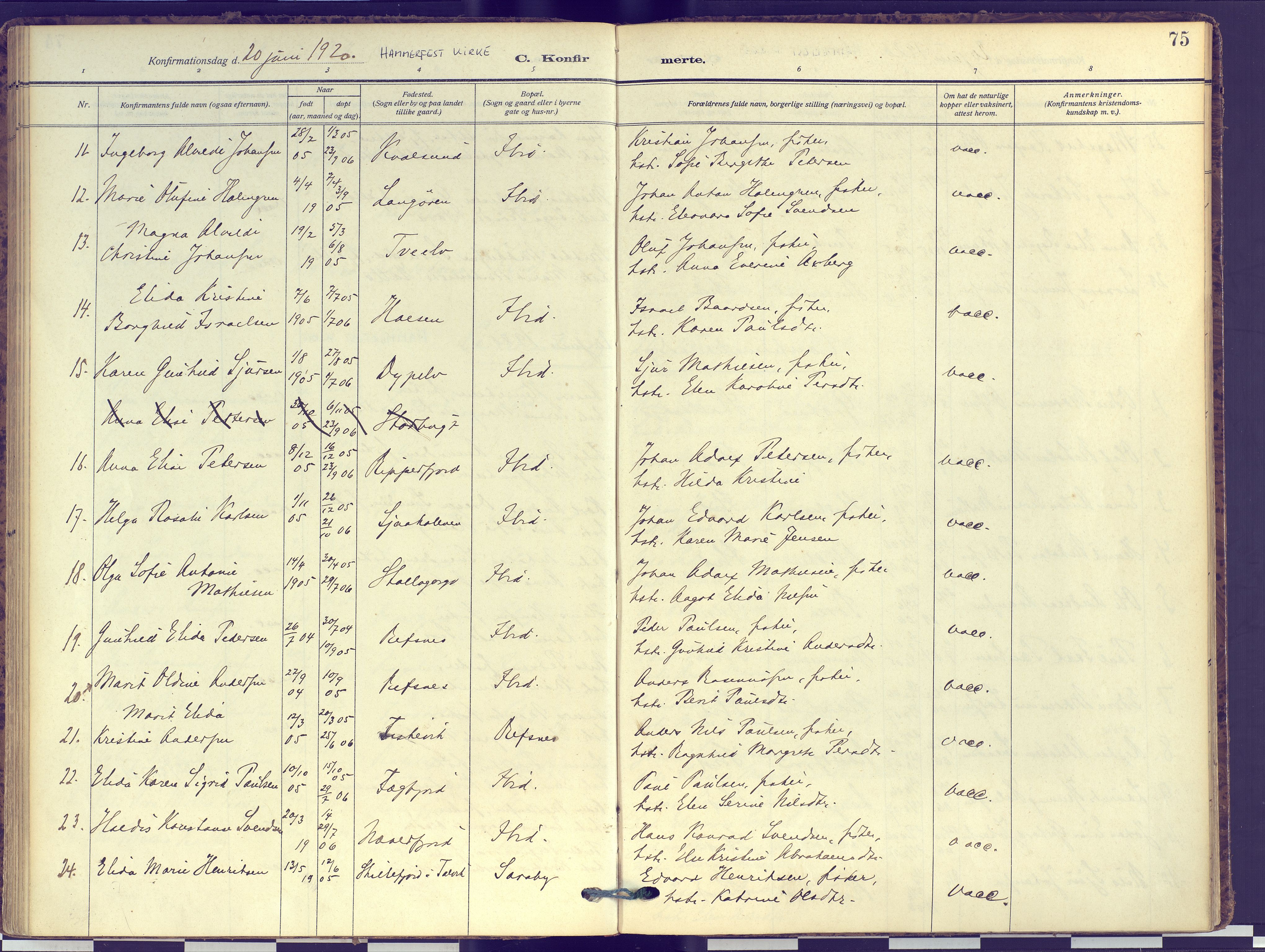 Hammerfest sokneprestkontor, SATØ/S-1347: Parish register (official) no. 16, 1908-1923, p. 75