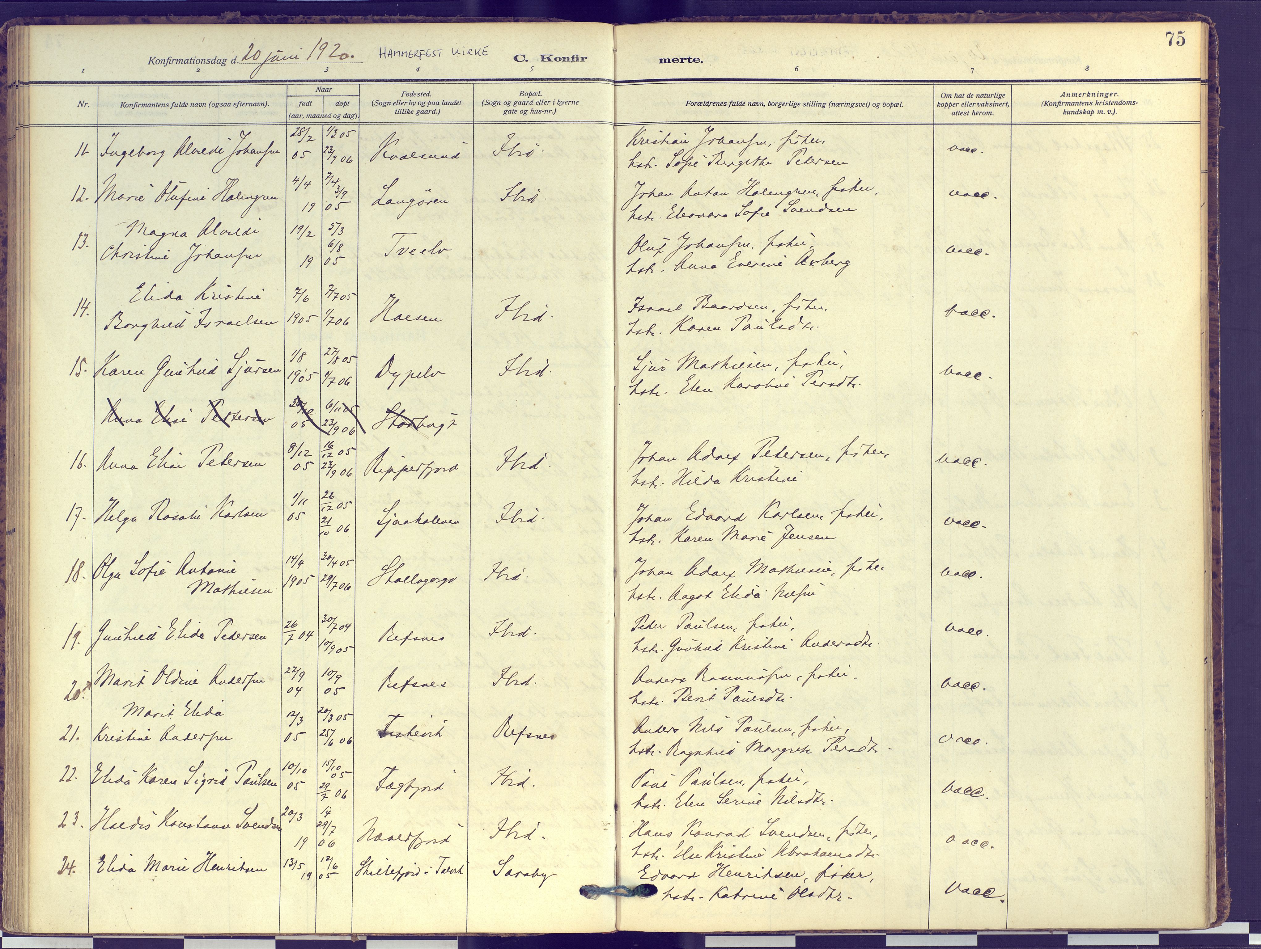 Hammerfest sokneprestkontor, AV/SATØ-S-1347/H/Ha/L0016.kirke: Parish register (official) no. 16, 1908-1923, p. 75